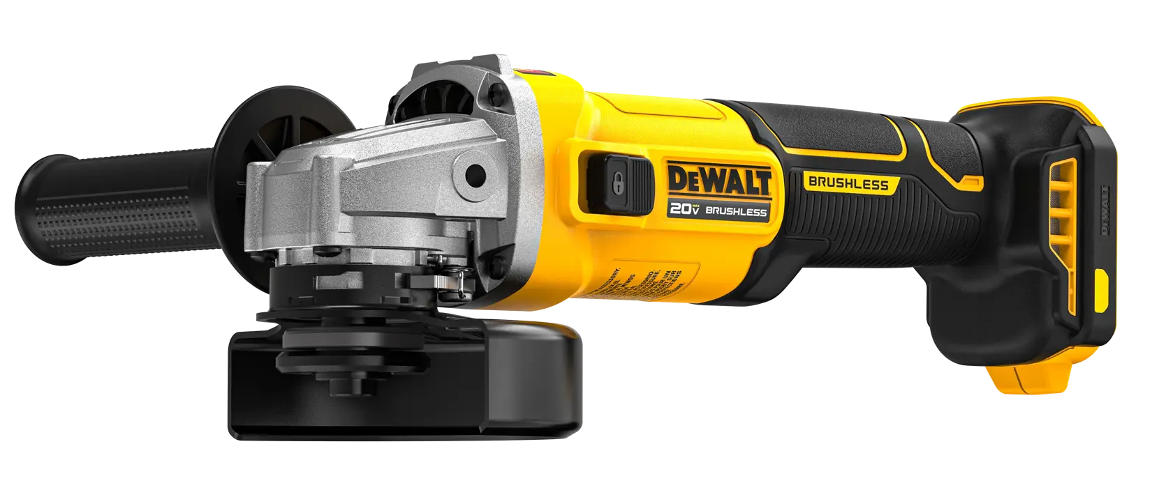 A DEWALT 20V cordless brushless angle grinder, shown with a side handle and battery slot, featuring yellow and black design.