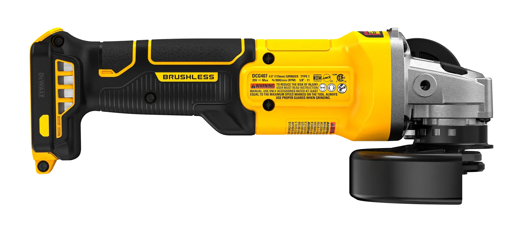 A side view of a DEWALT cordless brushless angle grinder, featuring a yellow and black design, ergonomic handle, and protective guard.