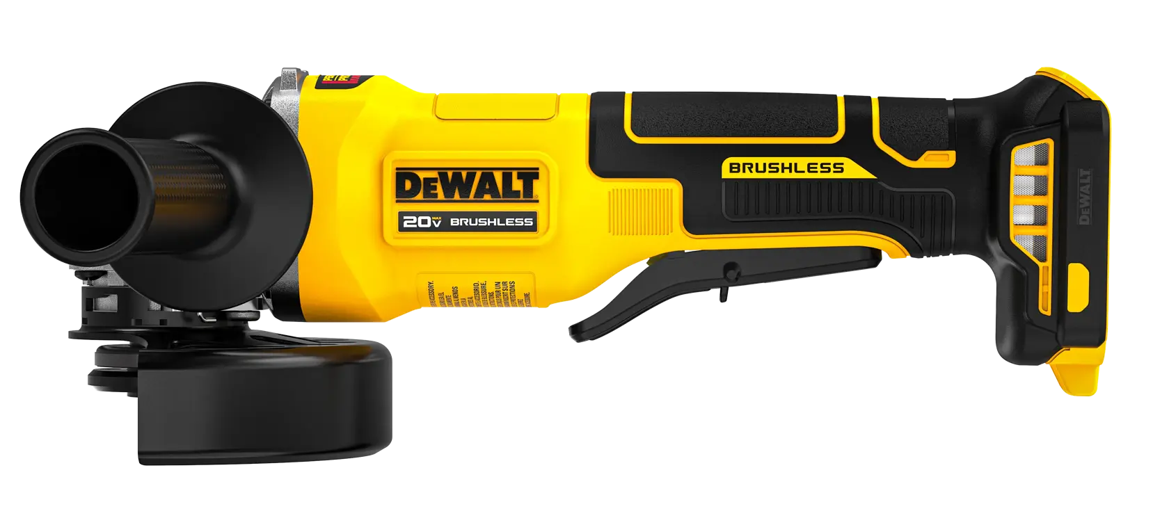 A yellow and black DEWALT 20V brushless cordless angle grinder with a handle and protective guard, shown from the side against a white background.