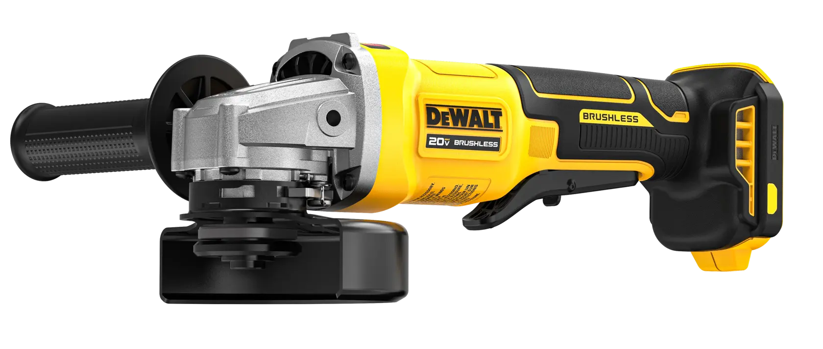 A DEWALT 20V brushless cordless angle grinder with a black handle and yellow housing, shown on a white background.