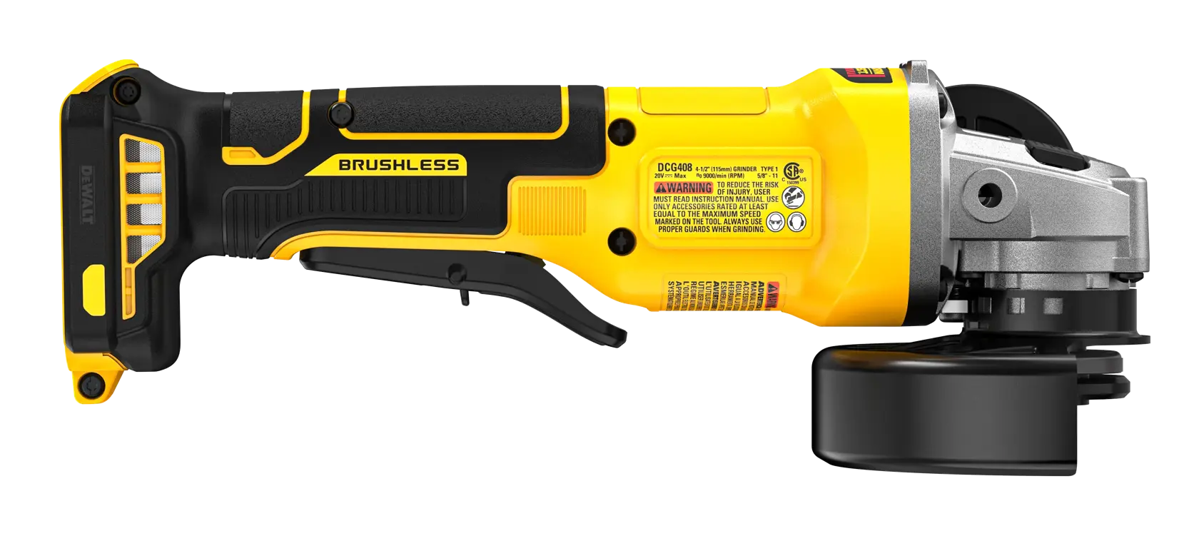 A yellow and black DEWALT cordless brushless angle grinder, model DCG408B, shown in a side profile against a white background.