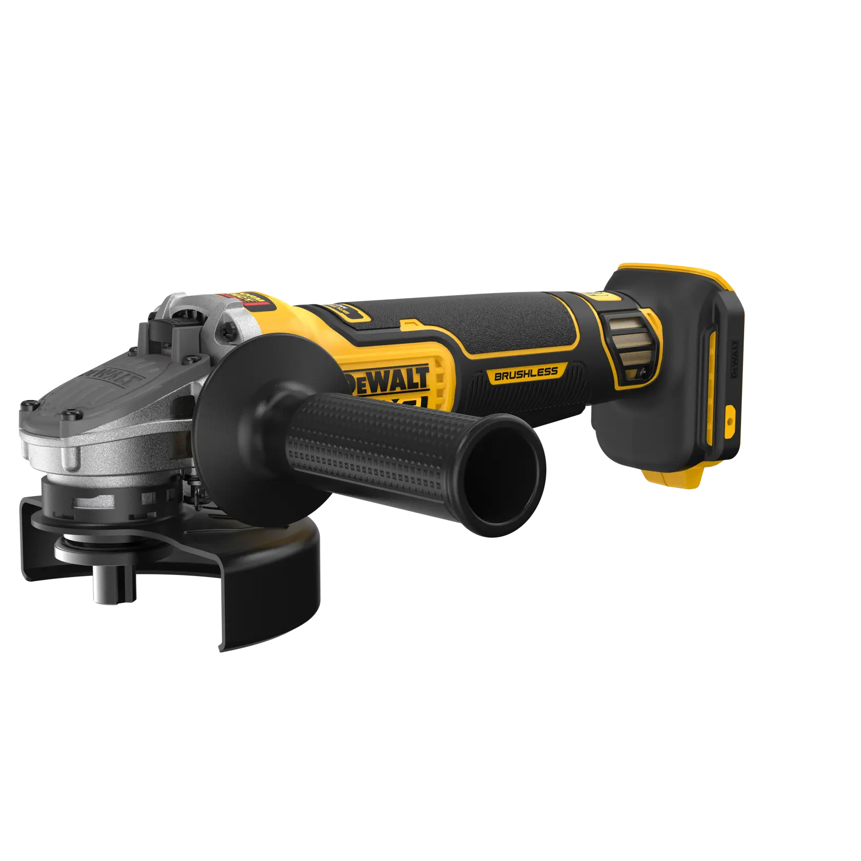 A DEWALT brushless cordless angle grinder with a side handle and battery pack, displayed against a white background.