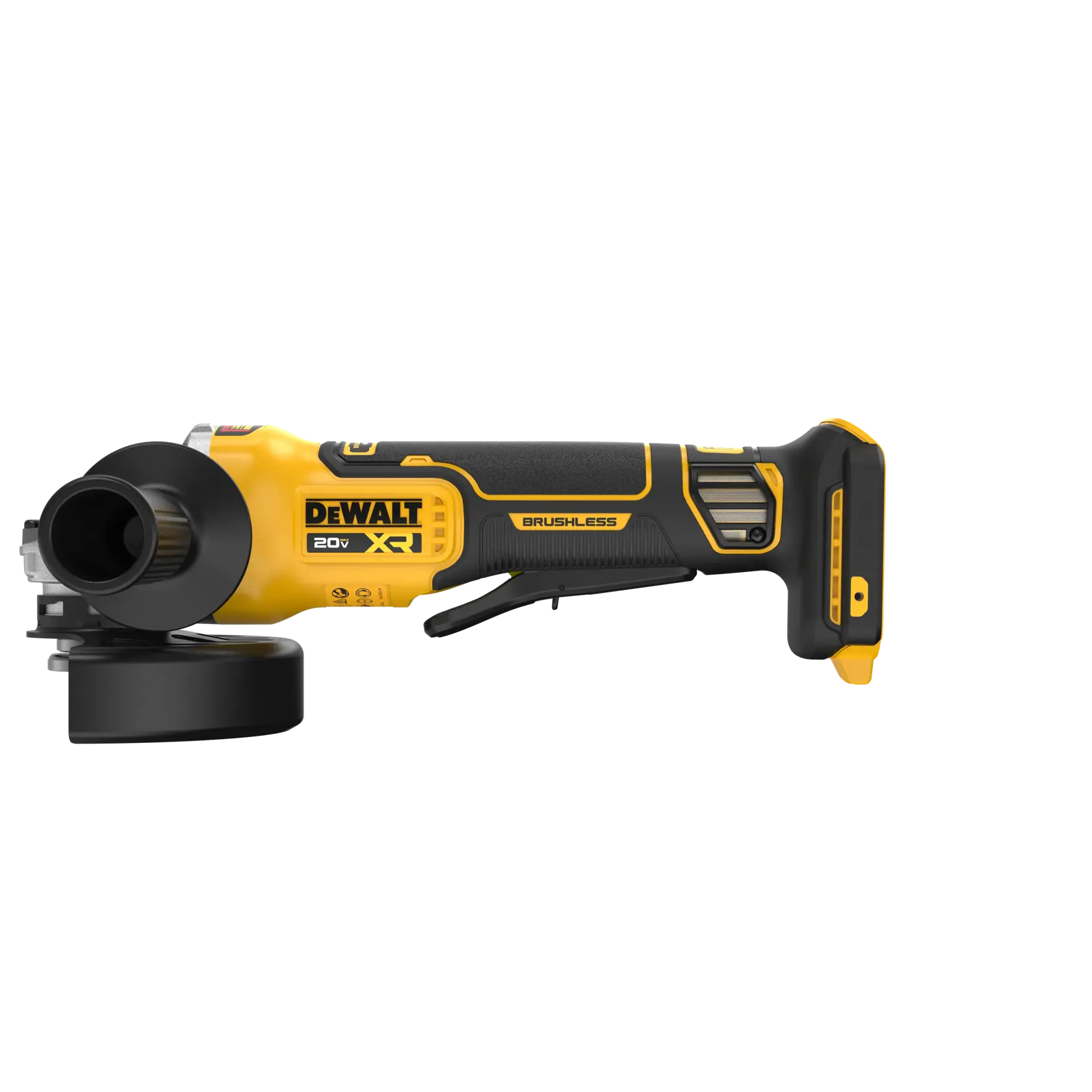 A DEWALT 20V XR cordless brushless angle grinder, shown in yellow and black colors. The tool is photographed from the side against a white background.