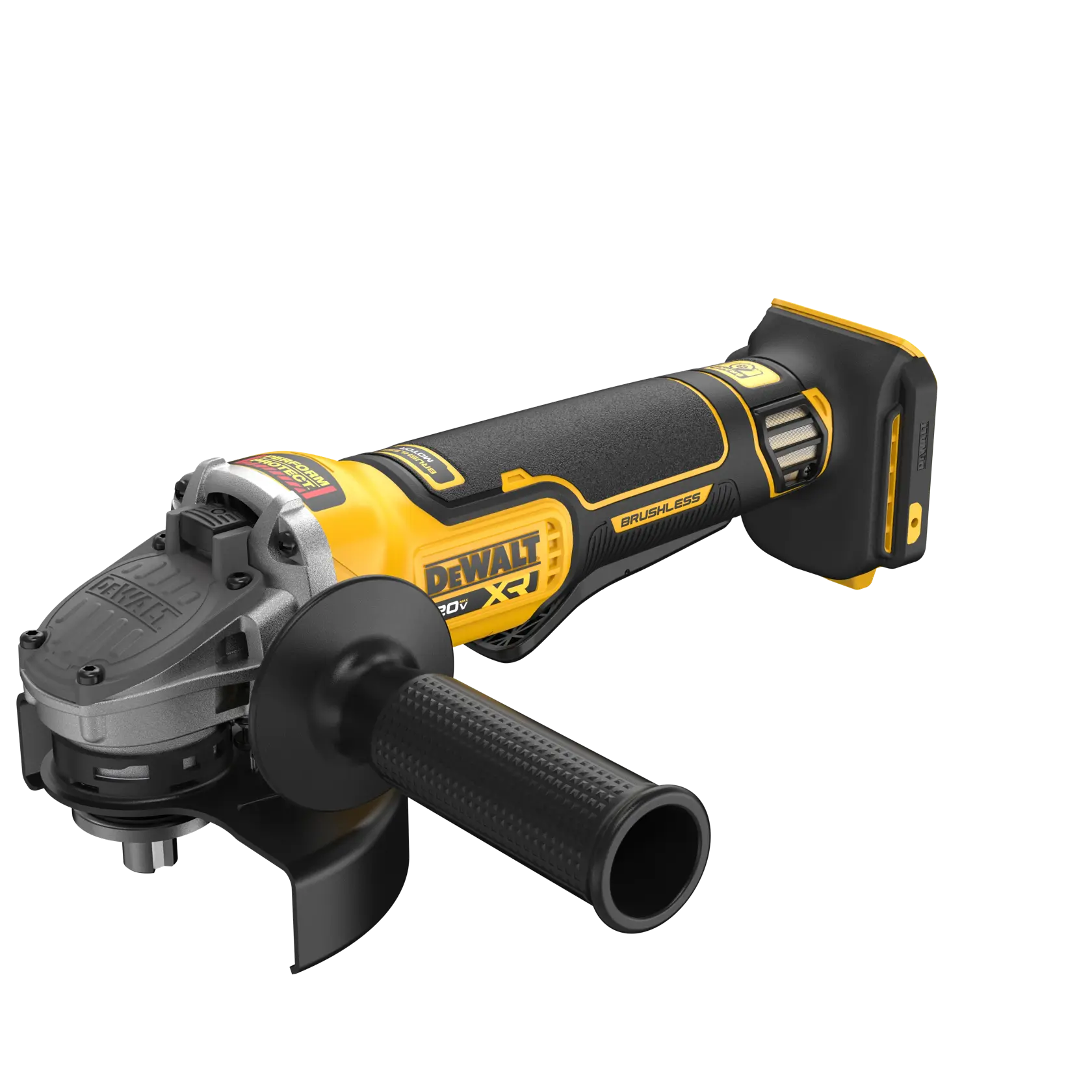 A DEWALT 20V cordless angle grinder with a brushless motor, shown with a side handle and protective guard.