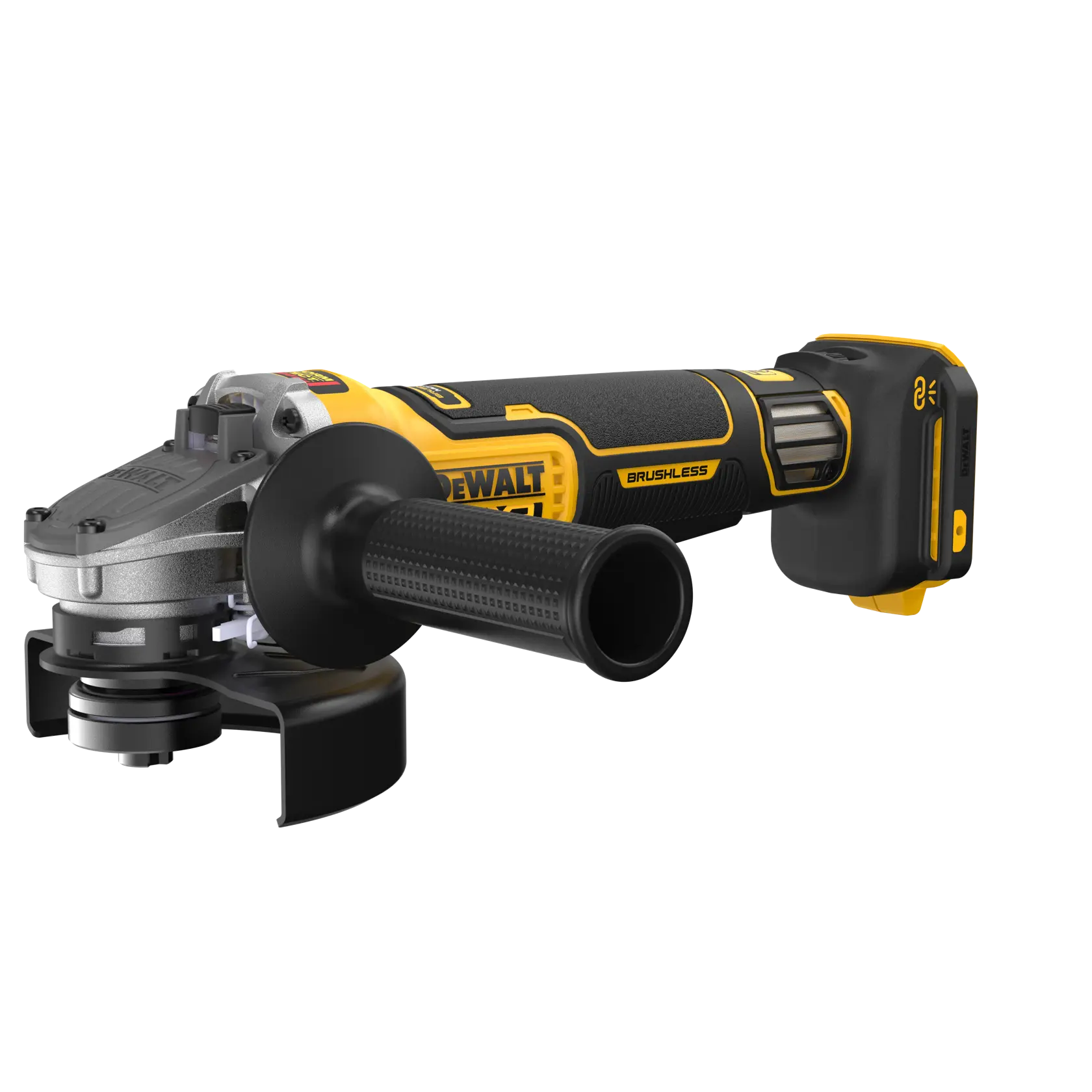 A DEWALT cordless brushless angle grinder with a black and yellow design, shown on a white background. The tool features a side handle, safety guard, and battery pack.