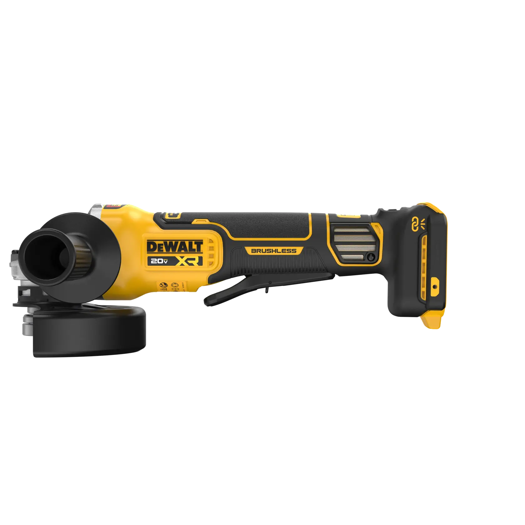 A DEWALT 20V XR brushless cordless grinder with a black and yellow design, pictured from the side.