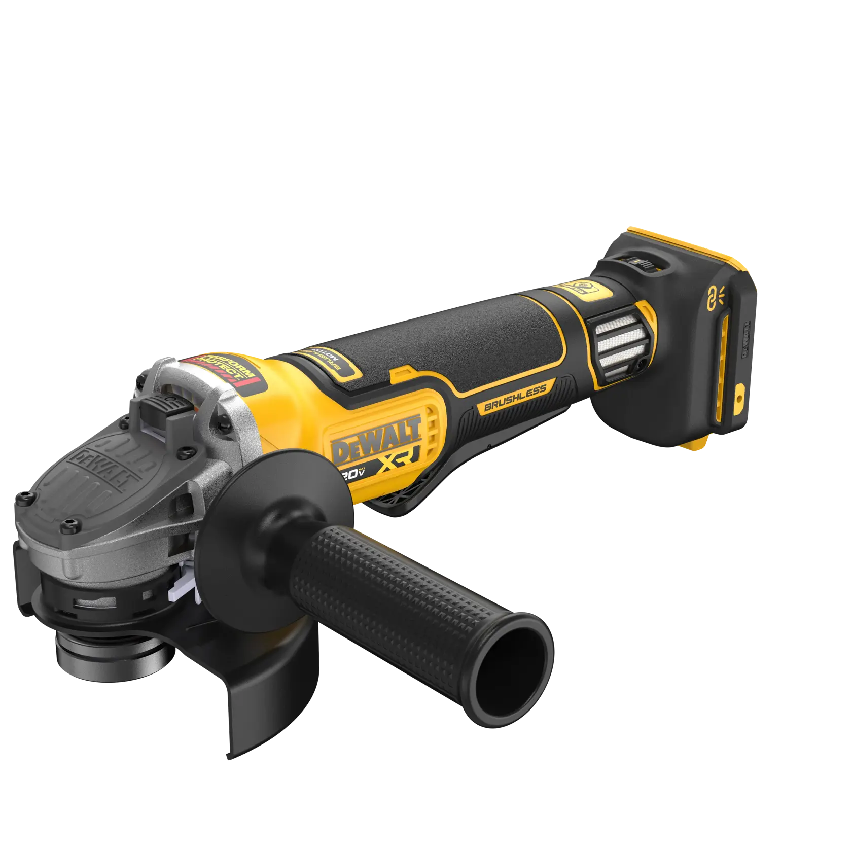 A DEWALT cordless angle grinder with a brushless motor, featuring a yellow and black design, a side handle, and a rechargeable battery attached.