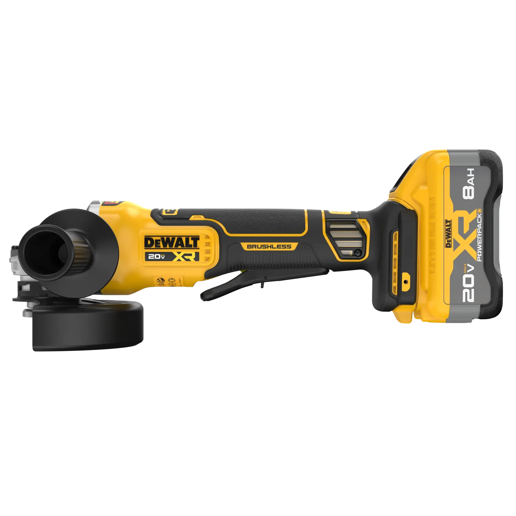 A DeWalt 20V XR brushless cordless angle grinder with a yellow and black design, featuring an 8Ah Powerpack battery attached.