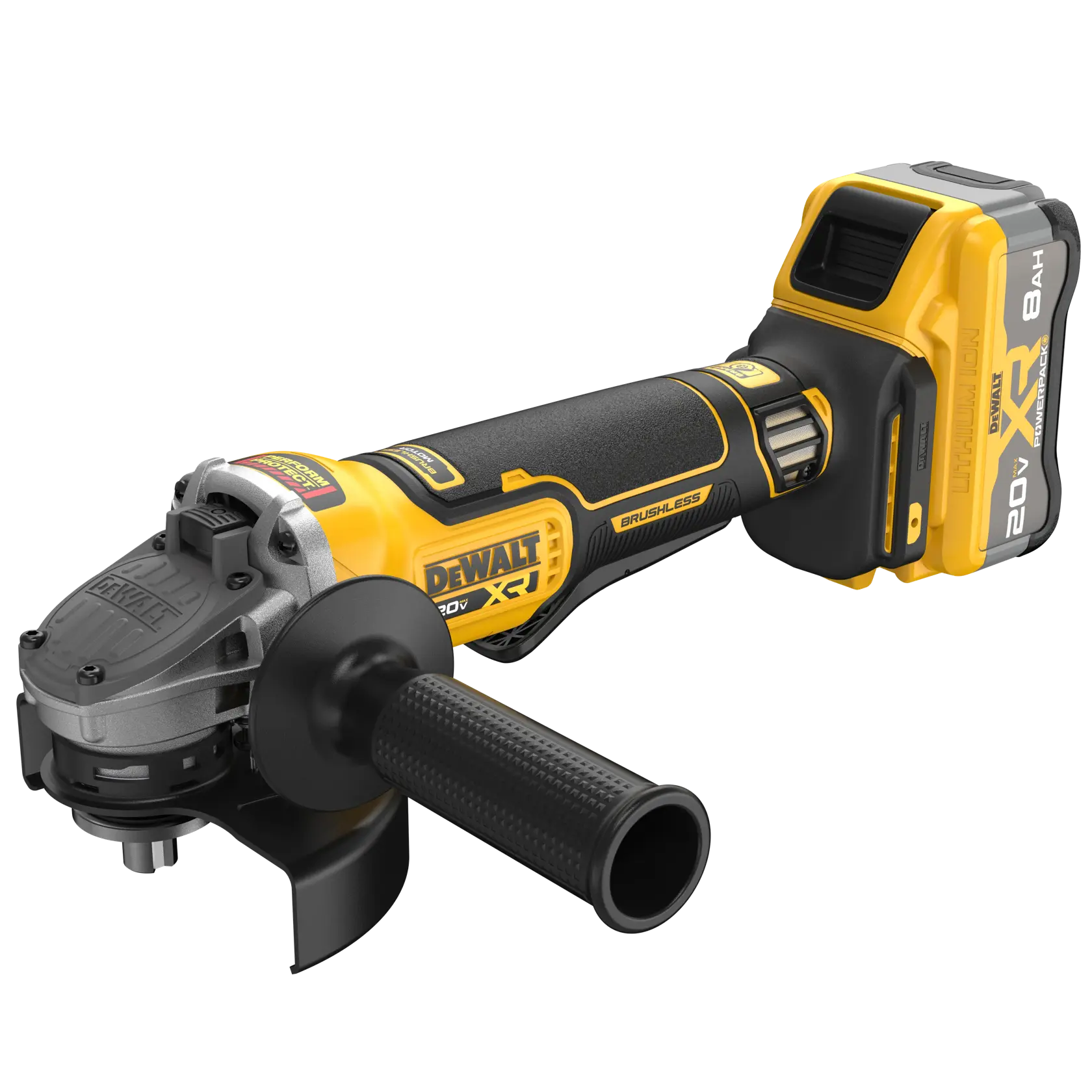 A DEWALT 20V cordless angle grinder with brushless motor, ergonomic handle, and rechargeable battery attached.