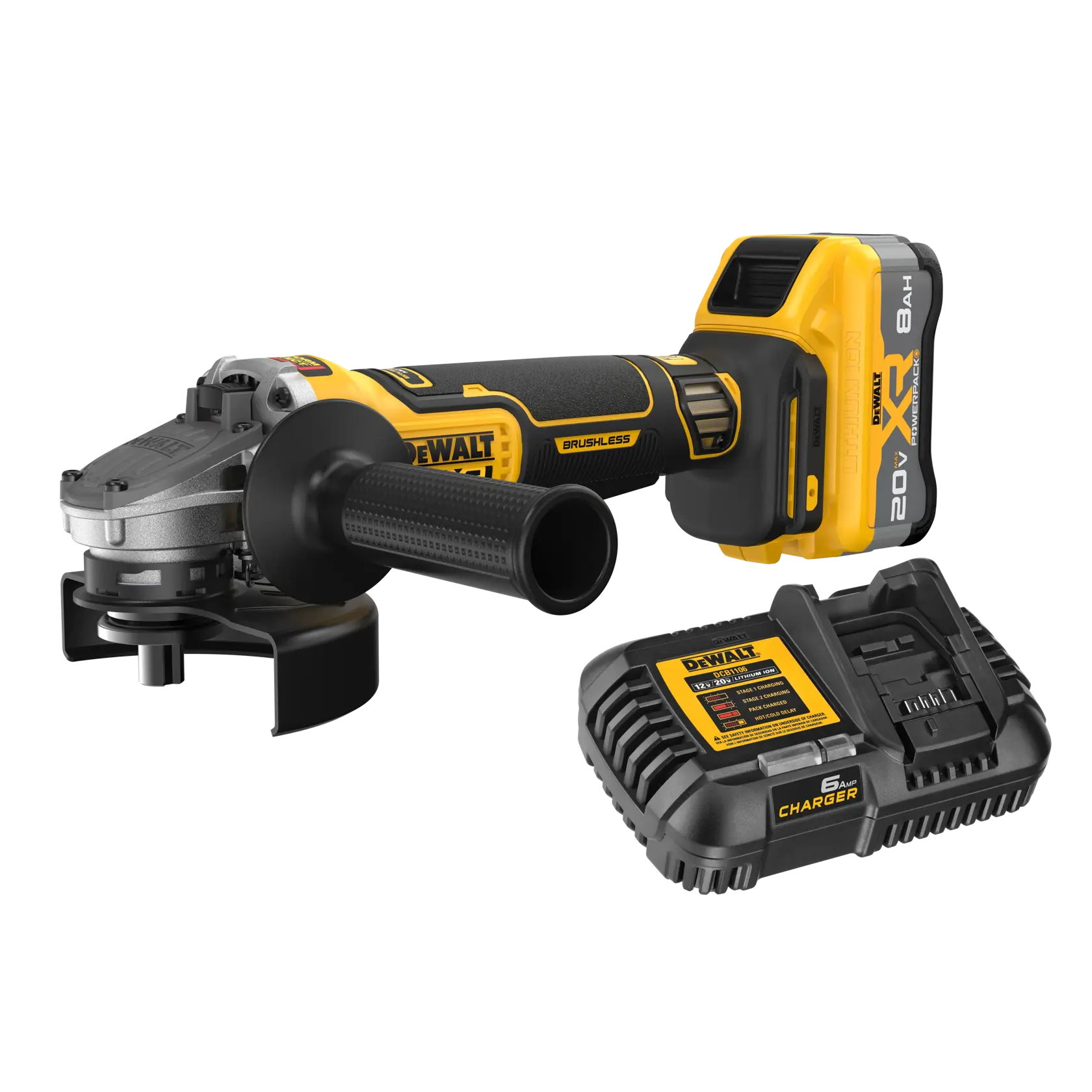 A DEWALT cordless brushless angle grinder with an 8Ah 20V XR lithium-ion battery and a DEWALT charger, shown on a white background.