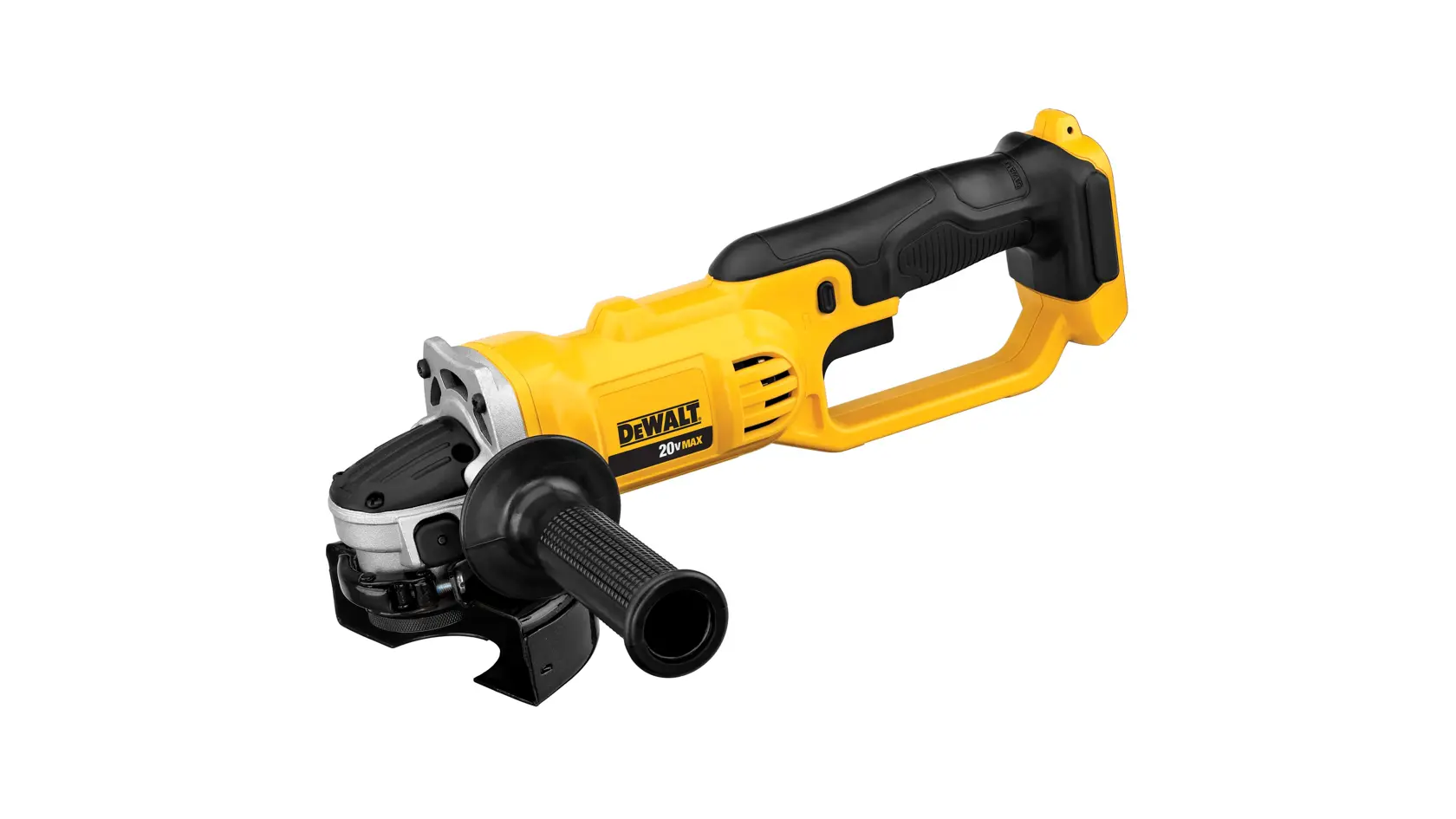 A yellow and black DEWALT cordless angle grinder with a side handle, shown against a white background.