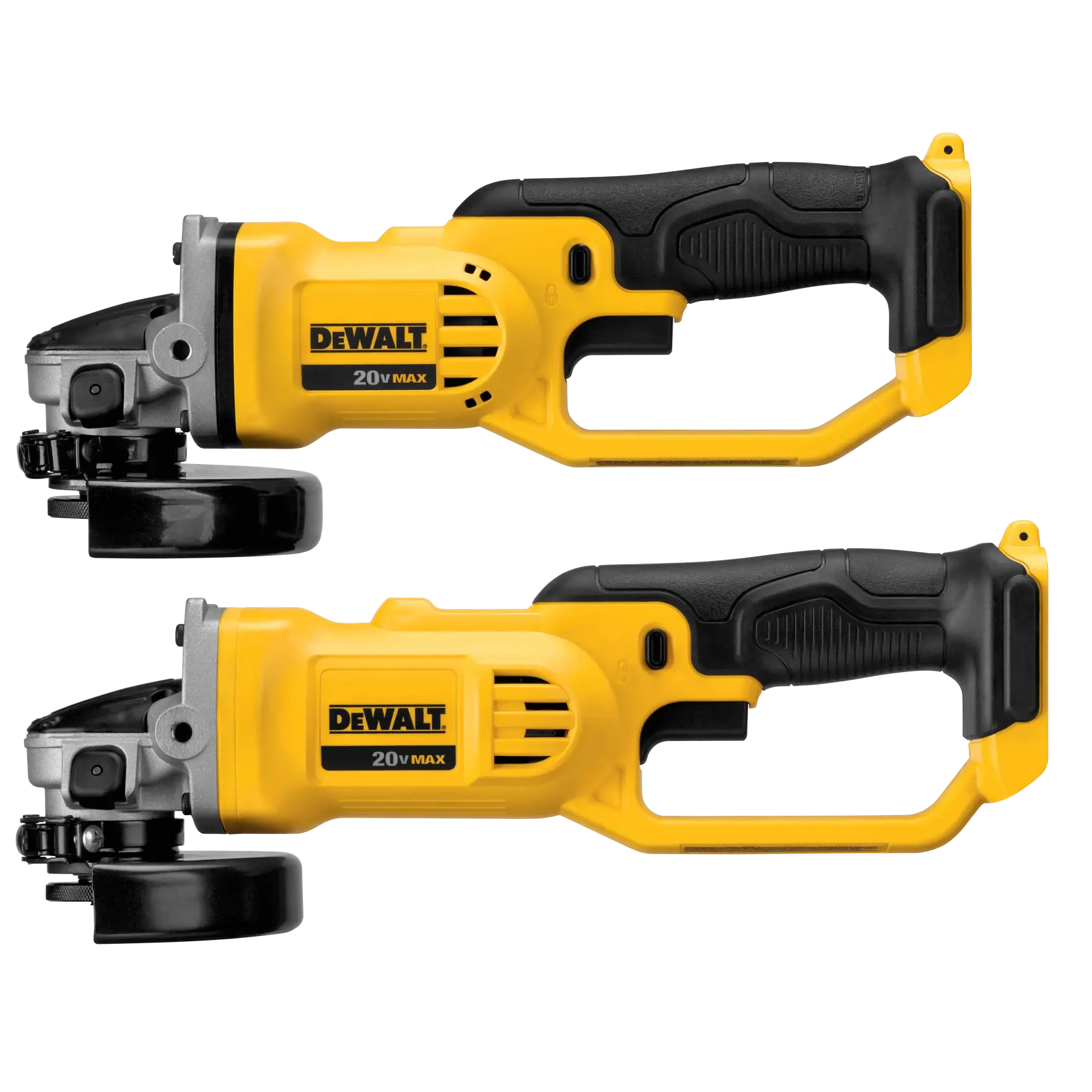Two DEWALT DCG412B 20V MAX cordless angle grinders, yellow and black, shown side by side on a white background.
