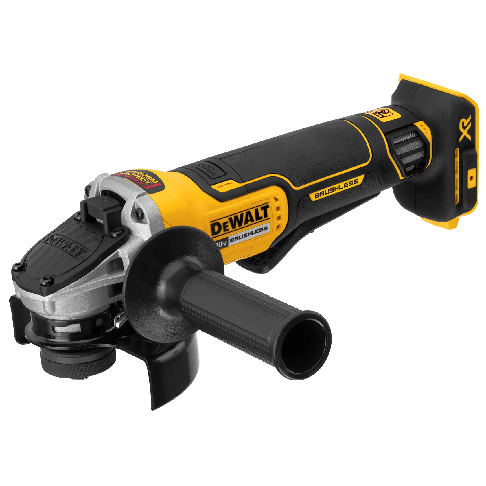 A DEWALT cordless angle grinder with a black and yellow design, featuring a brushless motor and ergonomic handle.