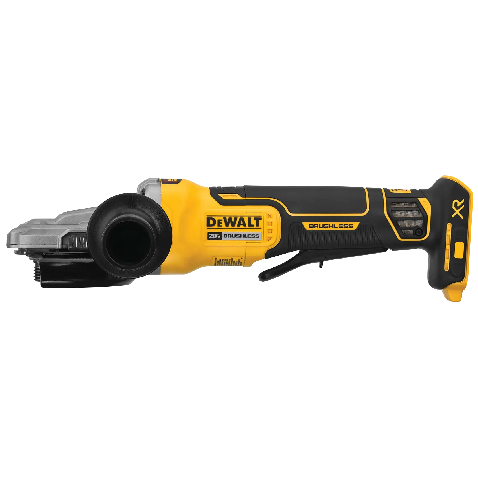 A DEWALT 20V brushless cordless angle grinder with a black and yellow body, a side handle, and an ergonomic design, shown from the side.