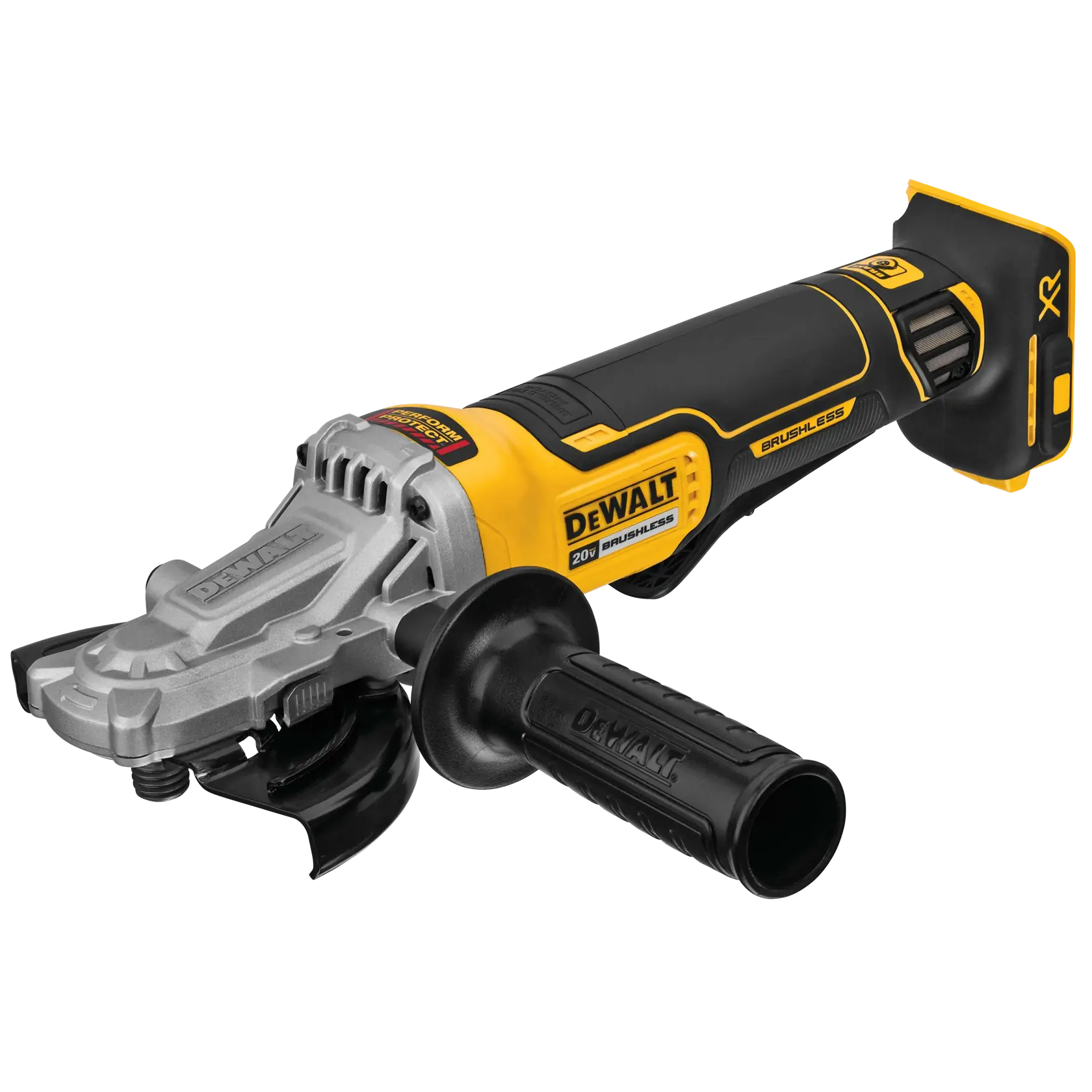 A DEWALT 20V brushless cordless angle grinder with a yellow and black design, featuring a side handle and a metal guard.
