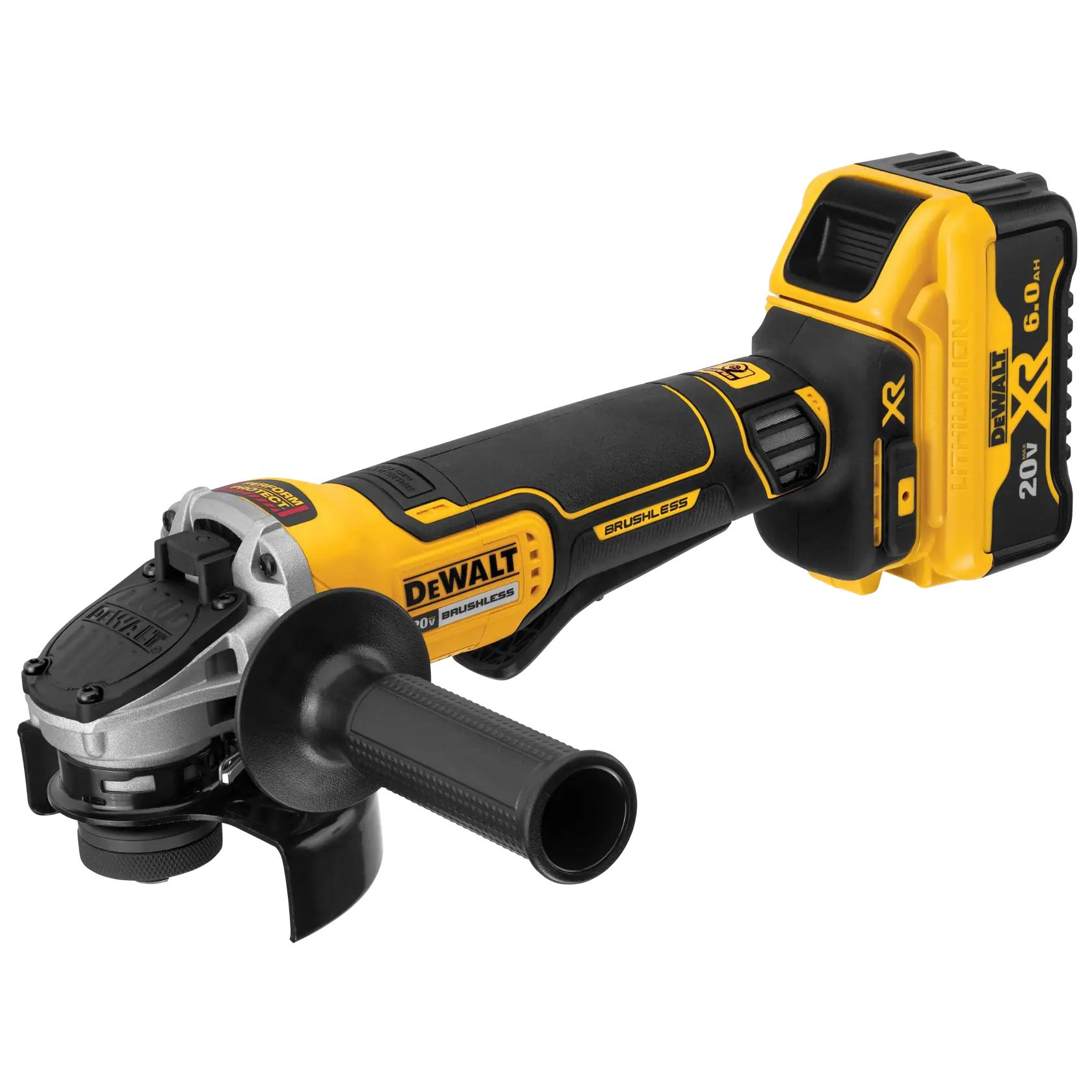 A DEWALT cordless angle grinder with a brushless motor, 20V XR lithium-ion battery, and ergonomic handle. The tool is yellow and black and features a side handle for better control.