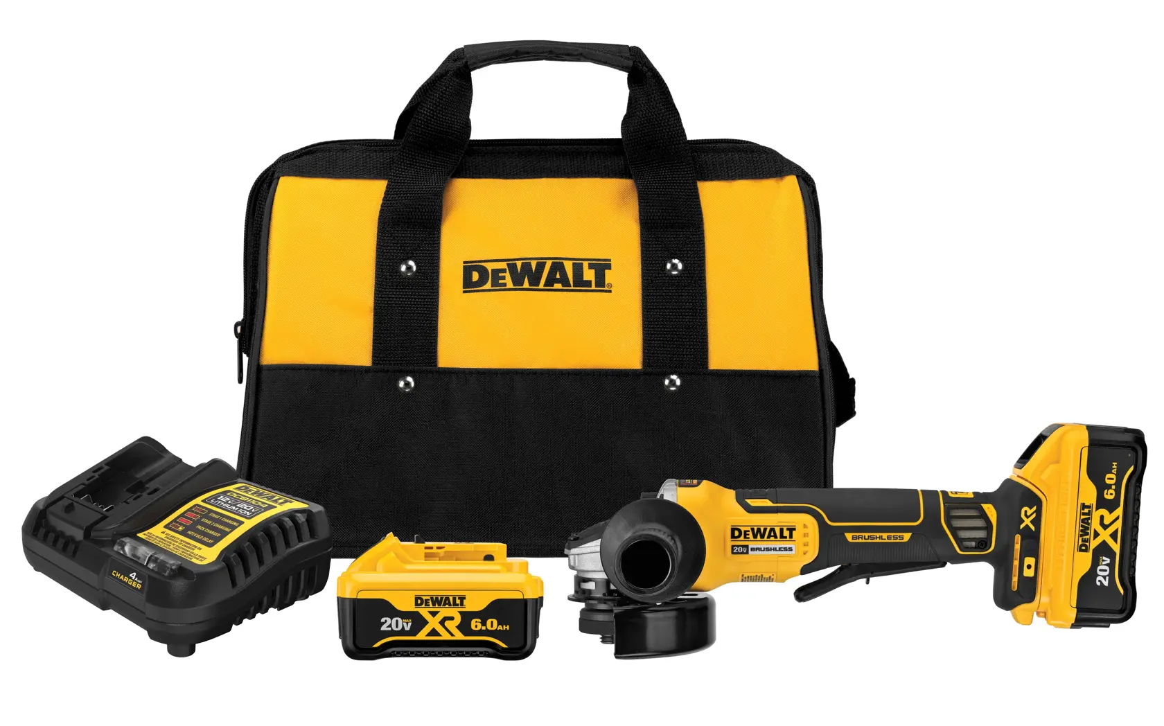 A DEWALT cordless angle grinder kit displayed, including a yellow and black carrying bag, a battery charger, two 20V lithium-ion batteries, and a cordless angle grinder tool.