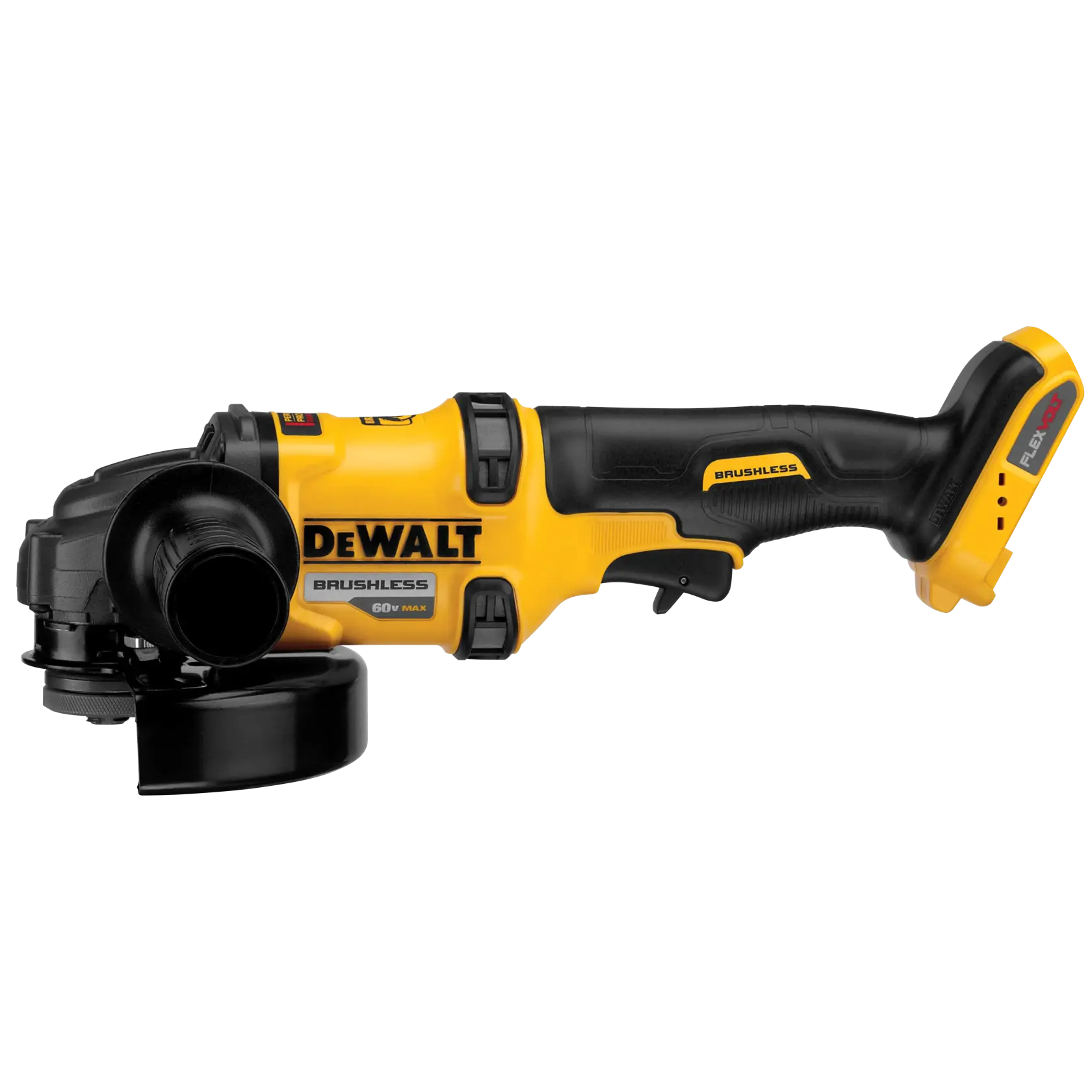 A DEWALT cordless brushless angle grinder, model DCG414B, with yellow and black design and FLEXVOLT 60V MAX battery slot.