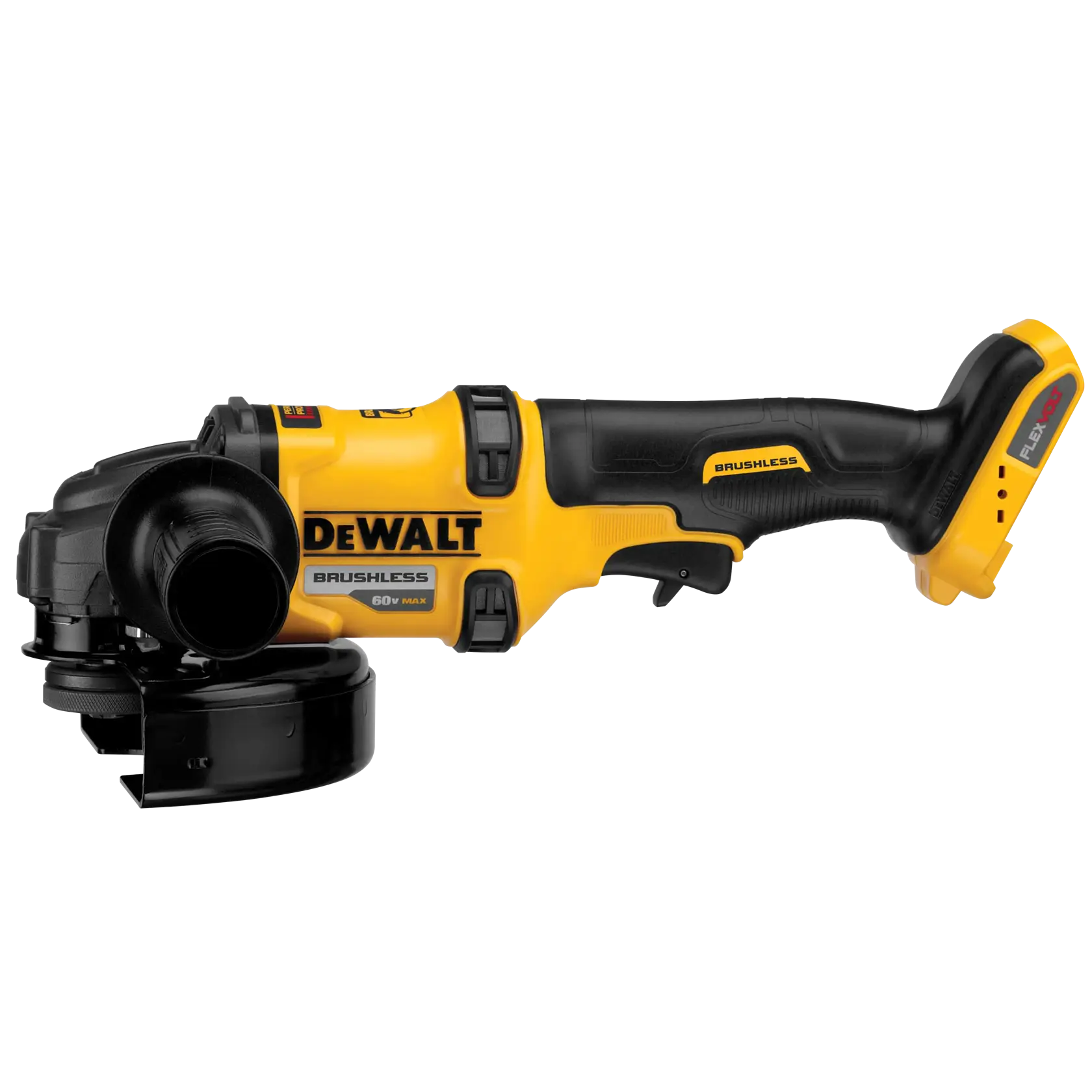 A DEWALT cordless brushless angle grinder, model DCG414B, with a yellow and black body and a side handle attachment.