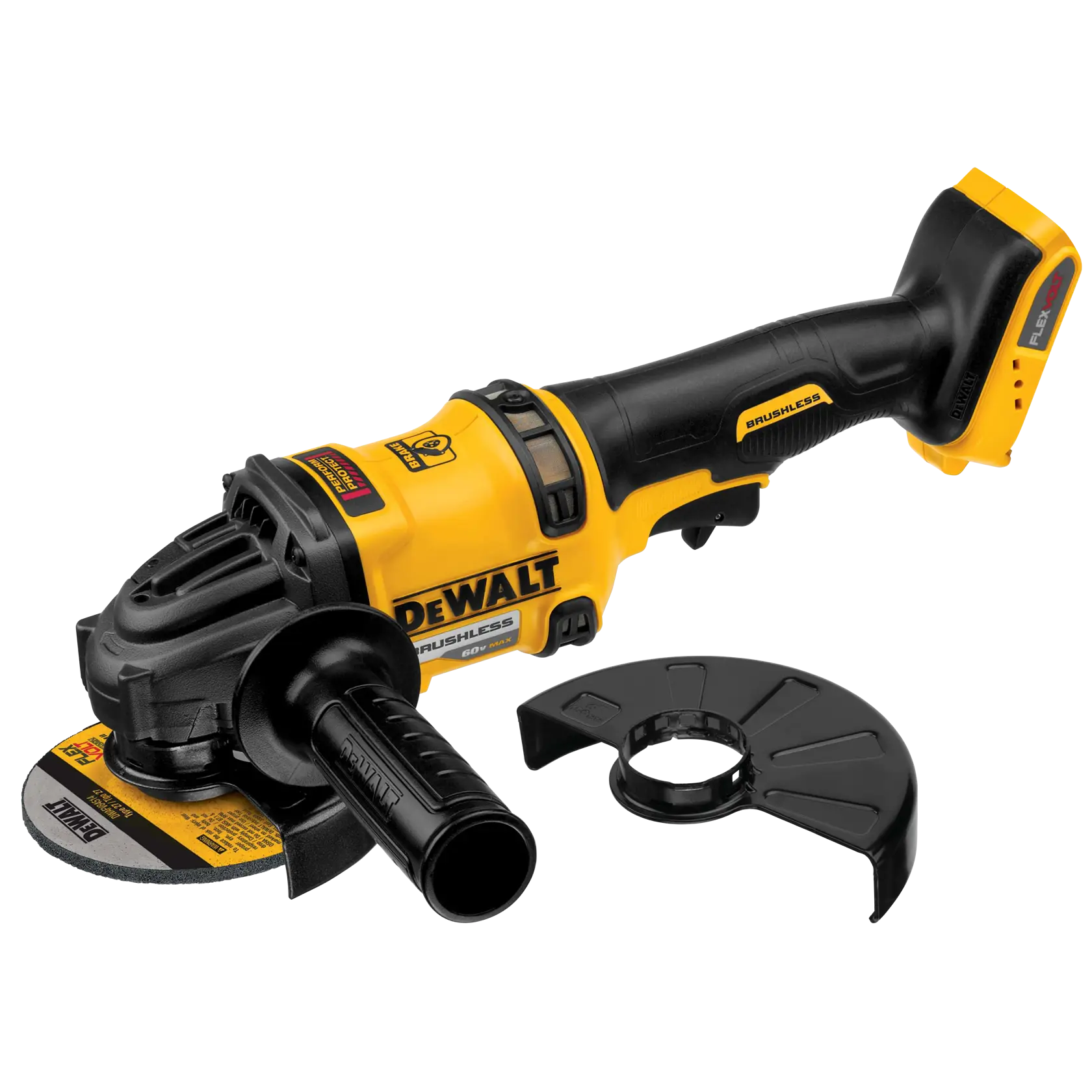 A DEWALT cordless angle grinder with brushless motor, model DCG414B, shown with a side handle and a removable safety guard. The tool is yellow and black and includes a grinding disc.