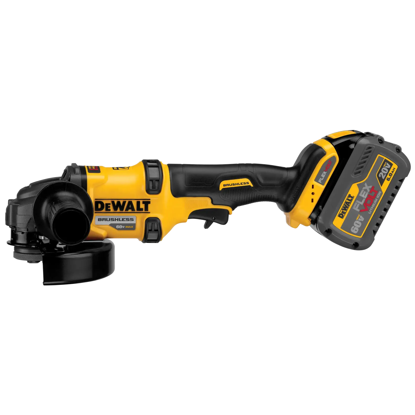 A cordless DEWALT angle grinder with a yellow and black brushless design, featuring a FLEXVOLT battery pack attached. The tool is shown from the side on a white background.