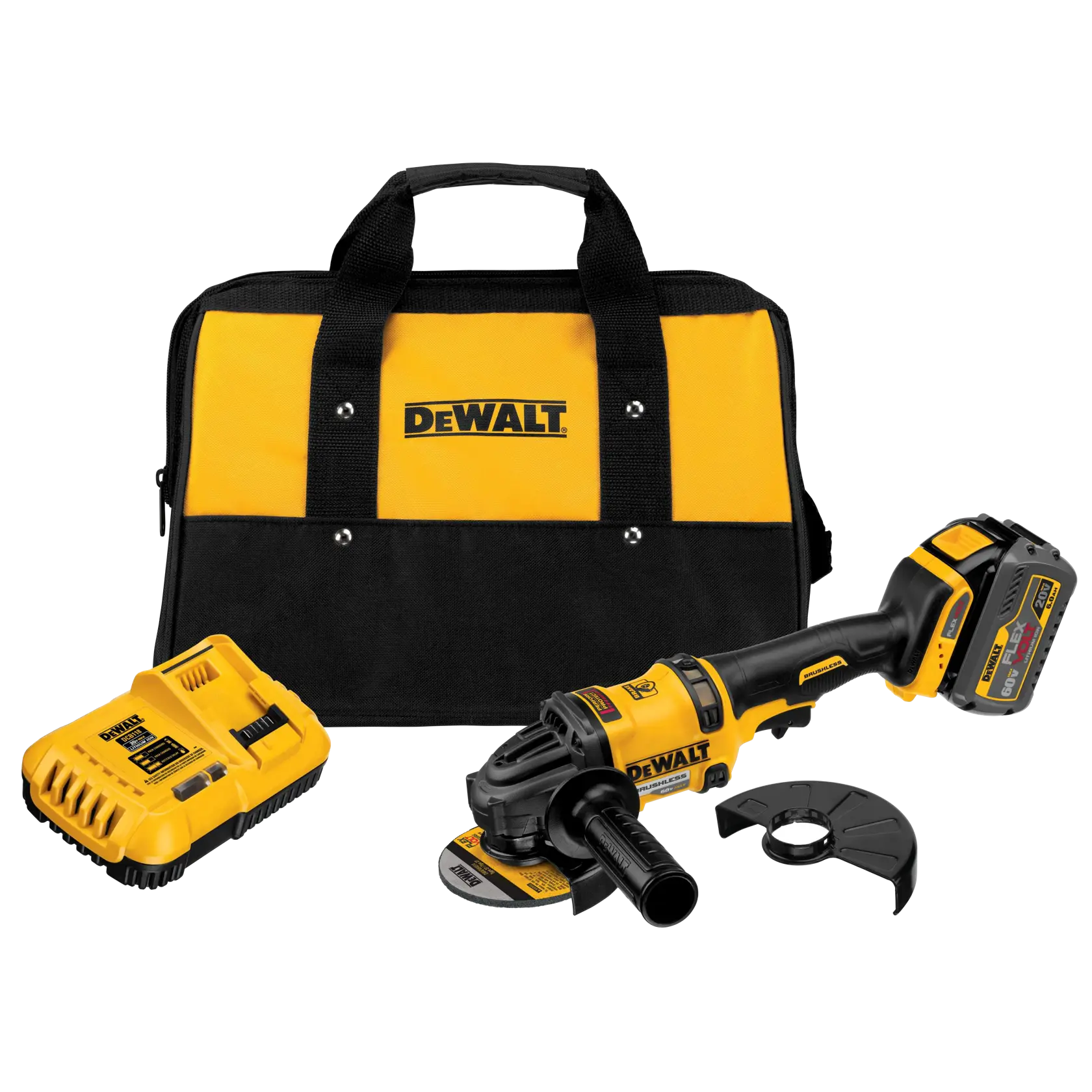 DEWALT cordless angle grinder kit including a yellow and black carrying bag, battery charger, angle grinder tool, battery pack, and additional grinder guard accessory.