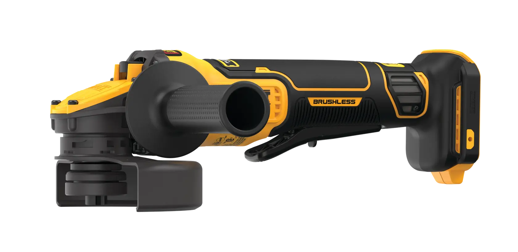 Side view of a DEWALT cordless brushless angle grinder, featuring a black and yellow design with a side handle and protective guard.