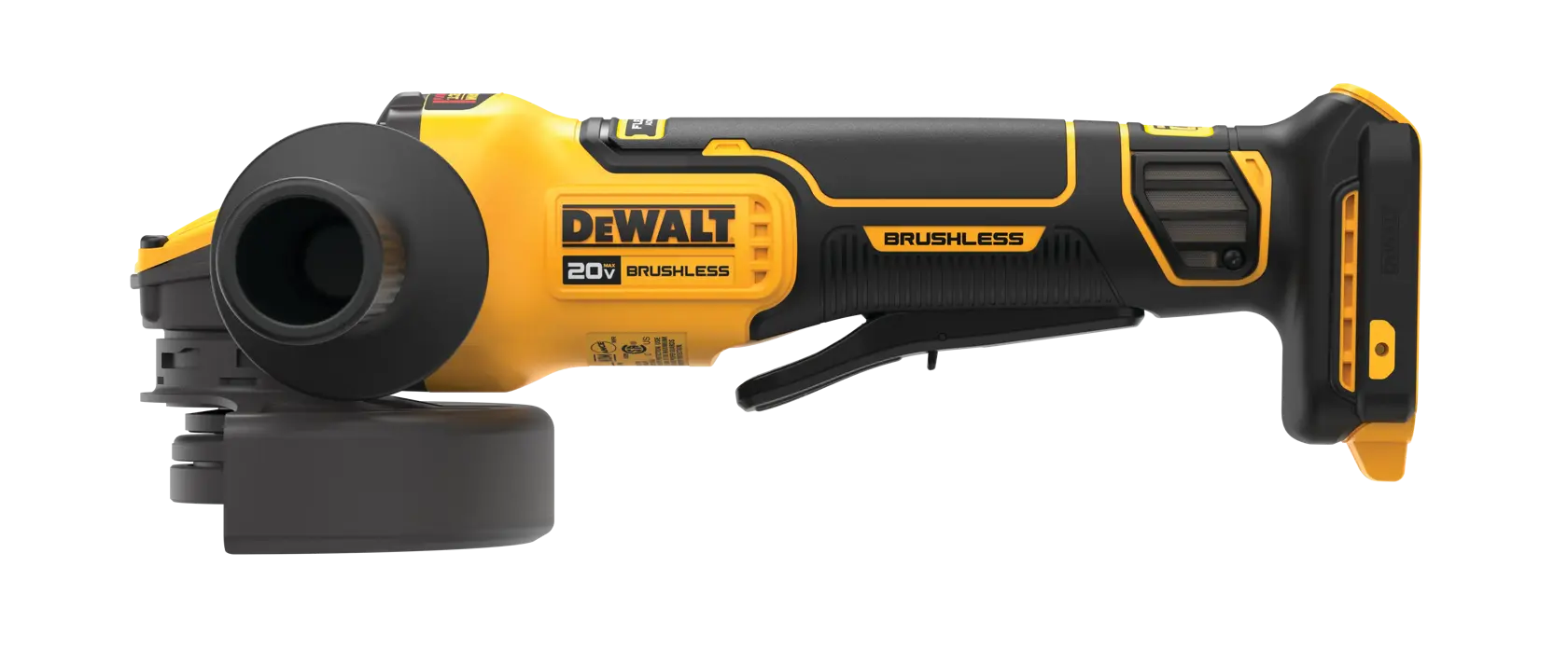 A DEWALT 20V brushless cordless angle grinder with a black and yellow handle, shown from the side. The tool does not have a battery attached.