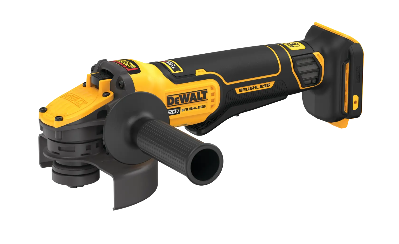 Cordless DEWALT 20V brushless angle grinder with black and yellow design, shown with side handle and protective guard.