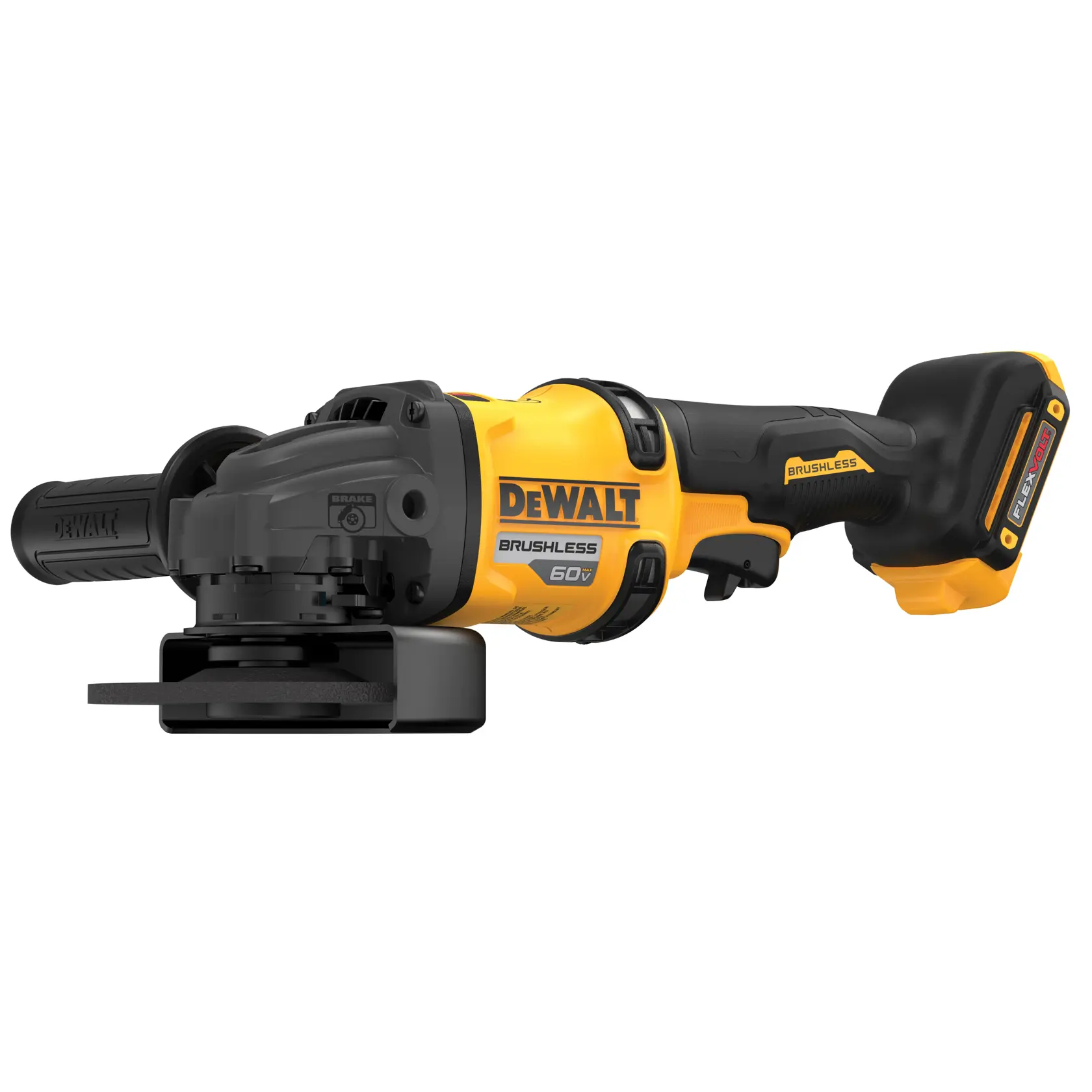 A DEWALT 60V cordless brushless angle grinder with a black and yellow body, side handle, and battery pack attached.