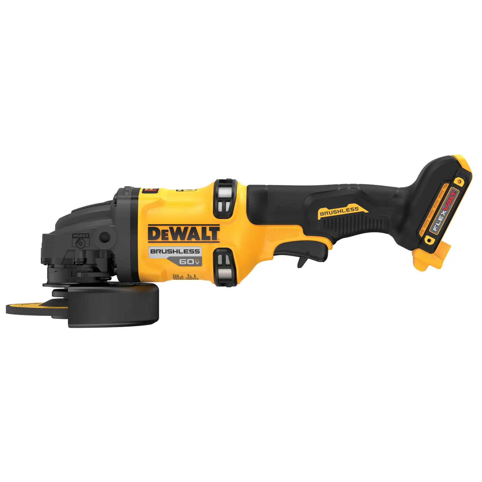 A DEWALT 60V brushless cordless angle grinder with yellow and black casing, featuring FLEXVOLT battery technology.