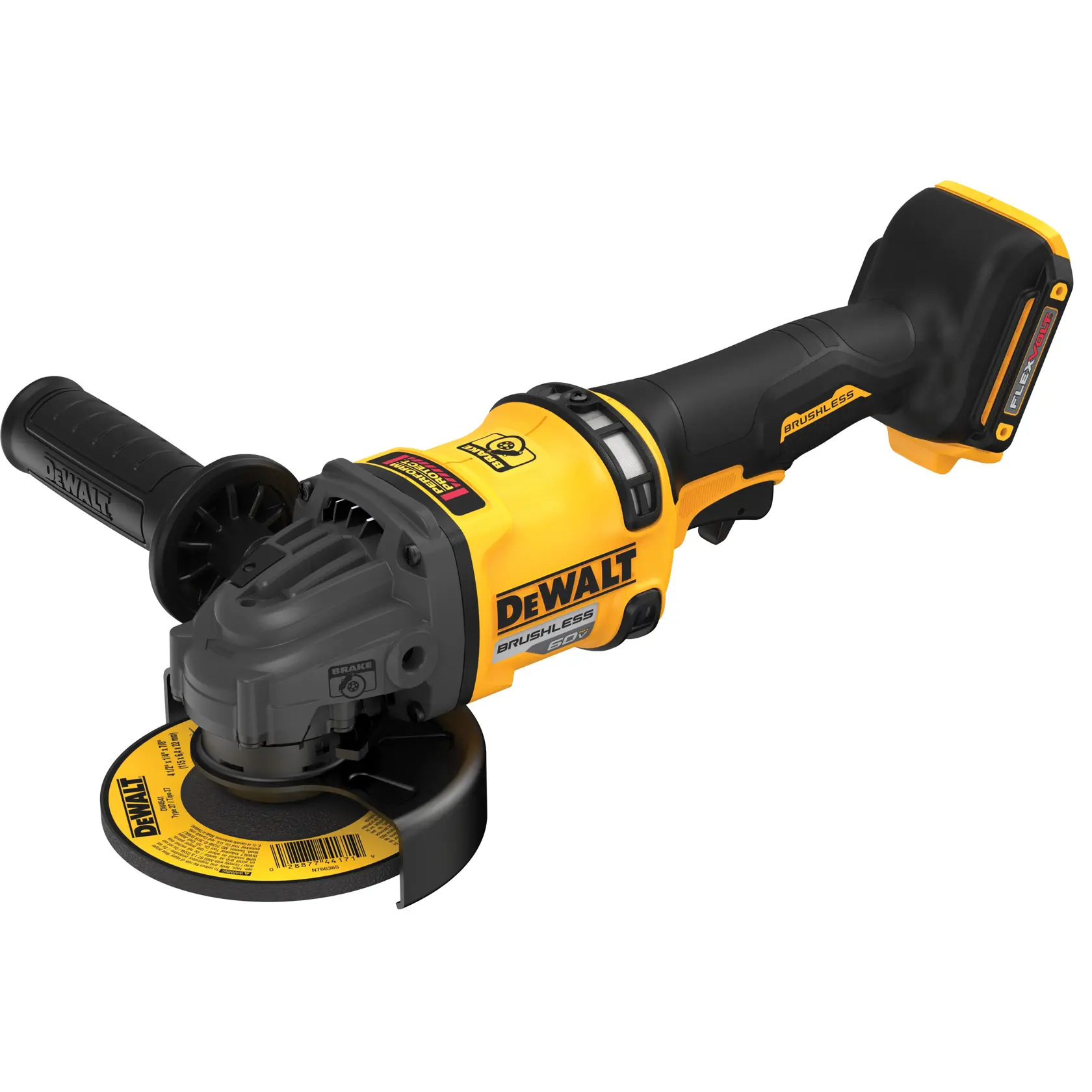 A DEWALT cordless angle grinder with a yellow and black design, featuring a side handle and a grinding disc attached.