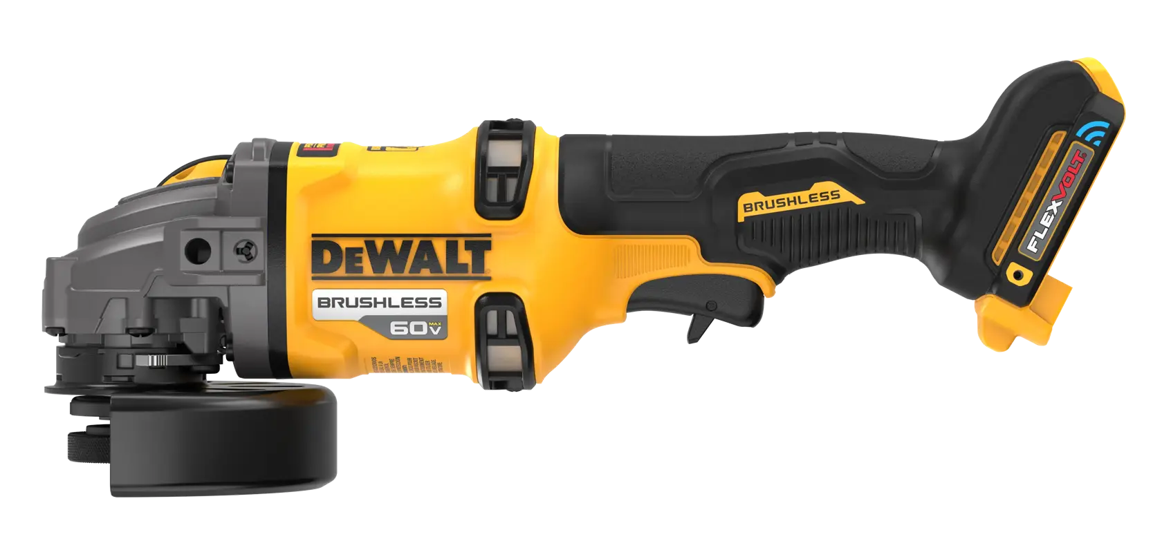 A yellow and black DEWALT cordless brushless angle grinder with a FLEXVOLT 60V battery attached, shown from the side against a white background.
