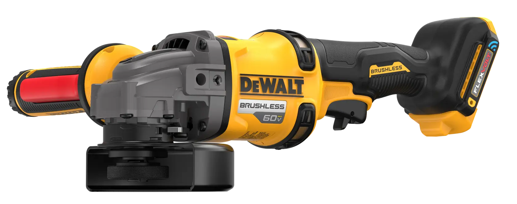 A yellow and black DEWALT cordless angle grinder with a brushless motor, featuring a side handle and a FLEXVOLT 60V battery.