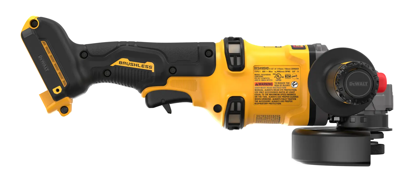 A yellow and black DEWALT cordless brushless angle grinder, shown in a side profile view. The tool has ergonomic handle grips and safety labeling on the body.