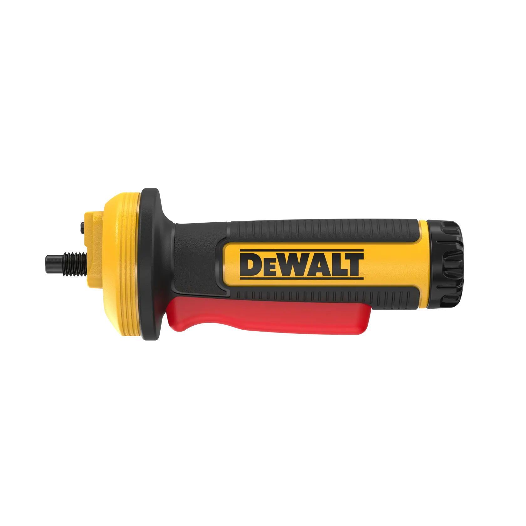 A DEWALT handheld power tool, shown in a side view. The tool features a yellow and black body with a red trigger grip and a threaded shaft at the front for attaching accessories. The DEWALT brand logo is visible on the handle.