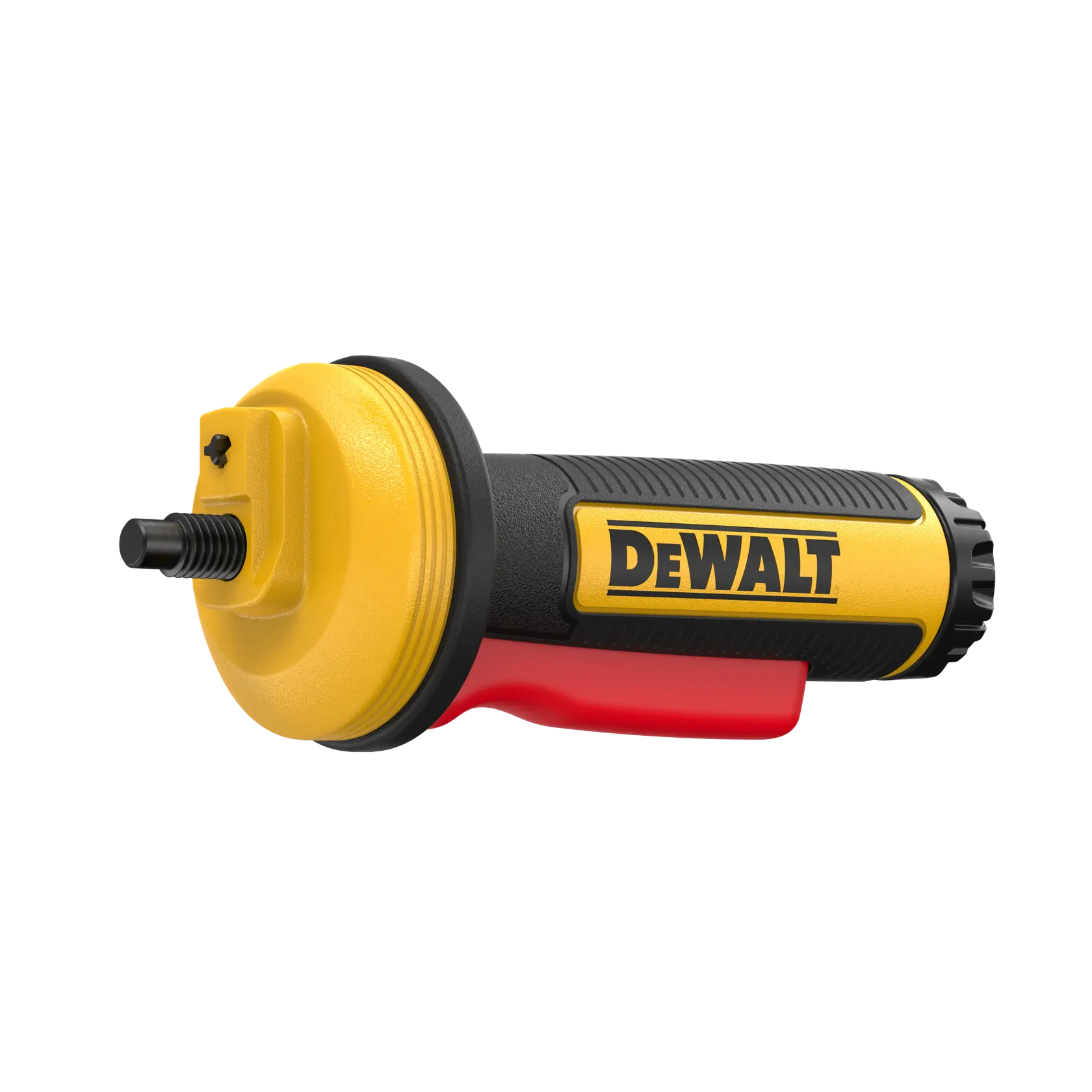A DEWALT branded angle grinder with a yellow and black body and red trigger, shown against a white background.