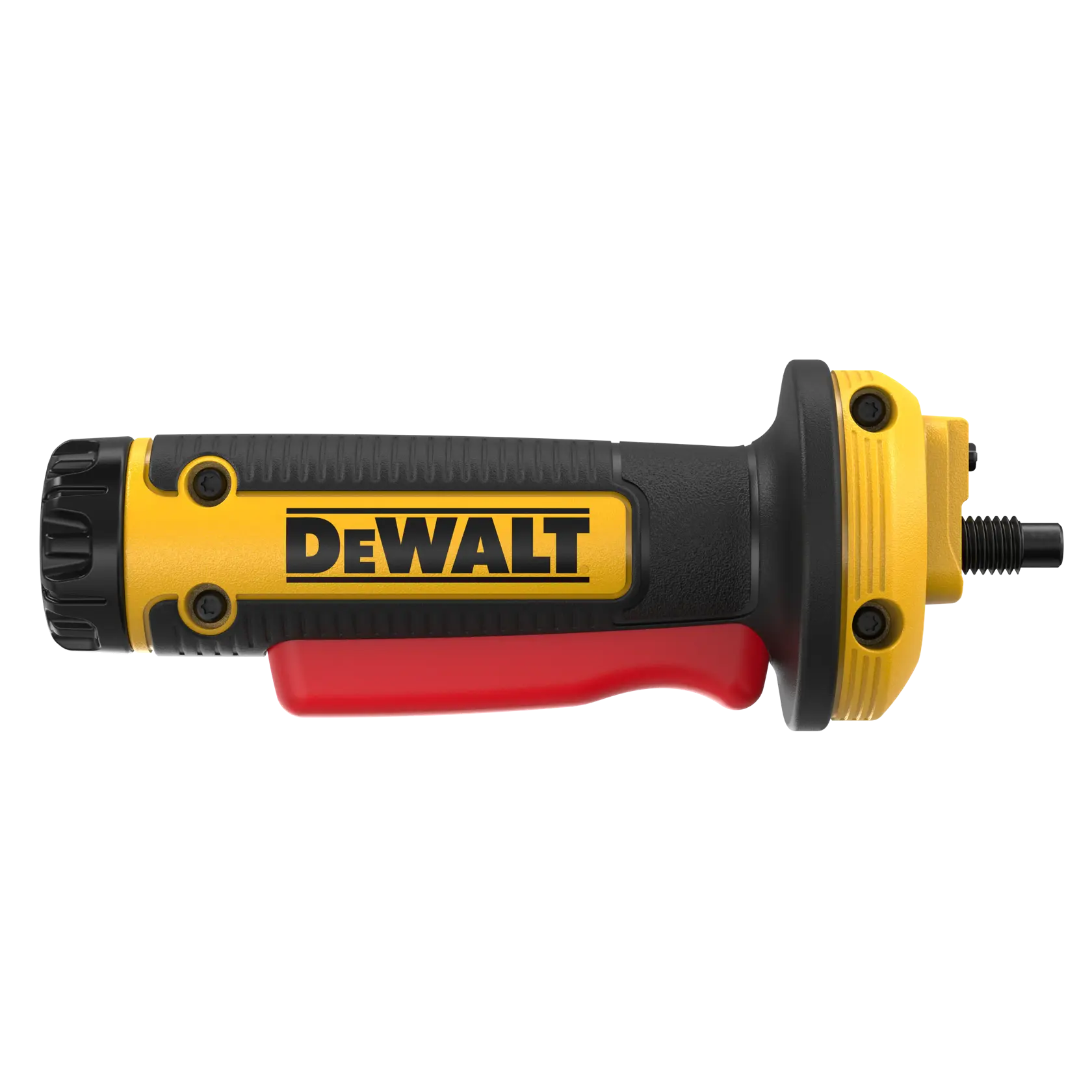 A close-up image of a DEWALT branded handheld power tool with a yellow and black handle and a red grip, photographed against a white background.