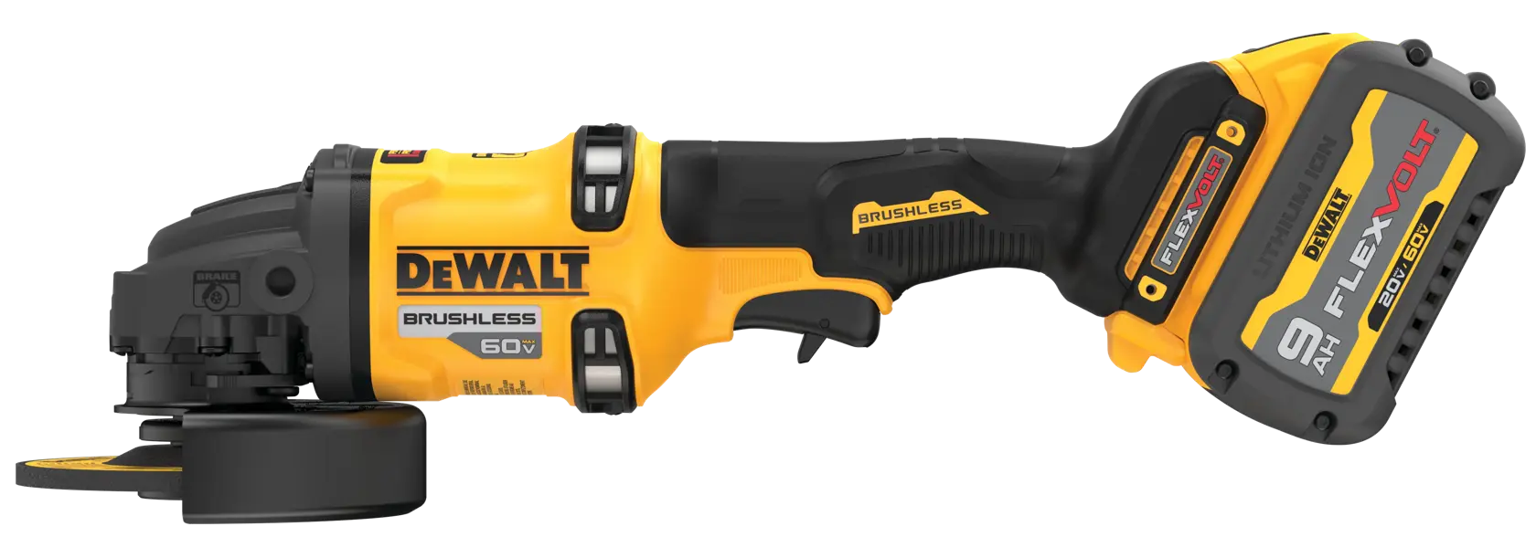 A DEWALT cordless brushless angle grinder, model DCG418X1, featuring a 60V FLEXVOLT battery pack attached. The tool is primarily yellow and black.