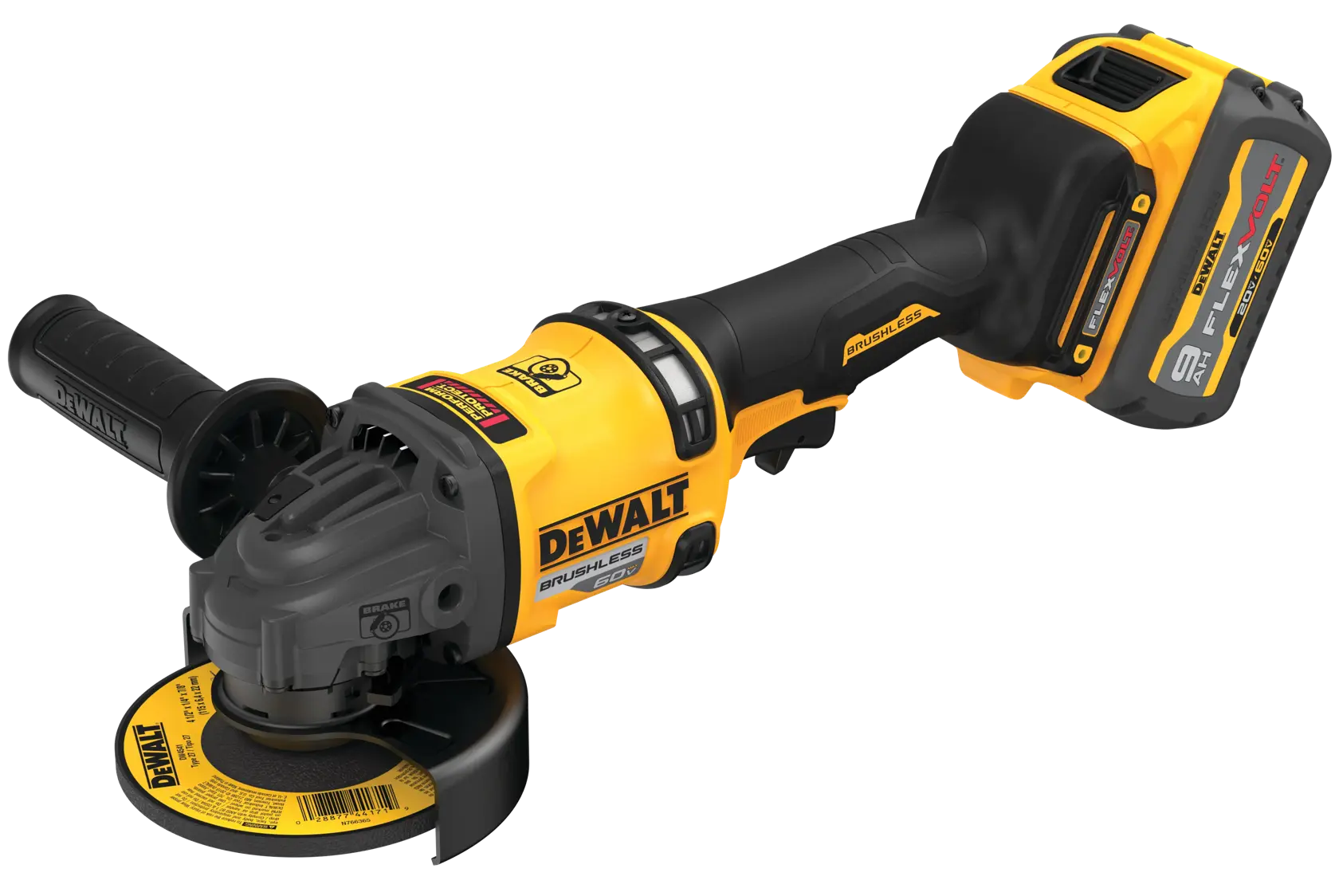 A DEWALT cordless brushless angle grinder with a yellow and black design, featuring a side handle and a FlexVolt lithium-ion battery attached.