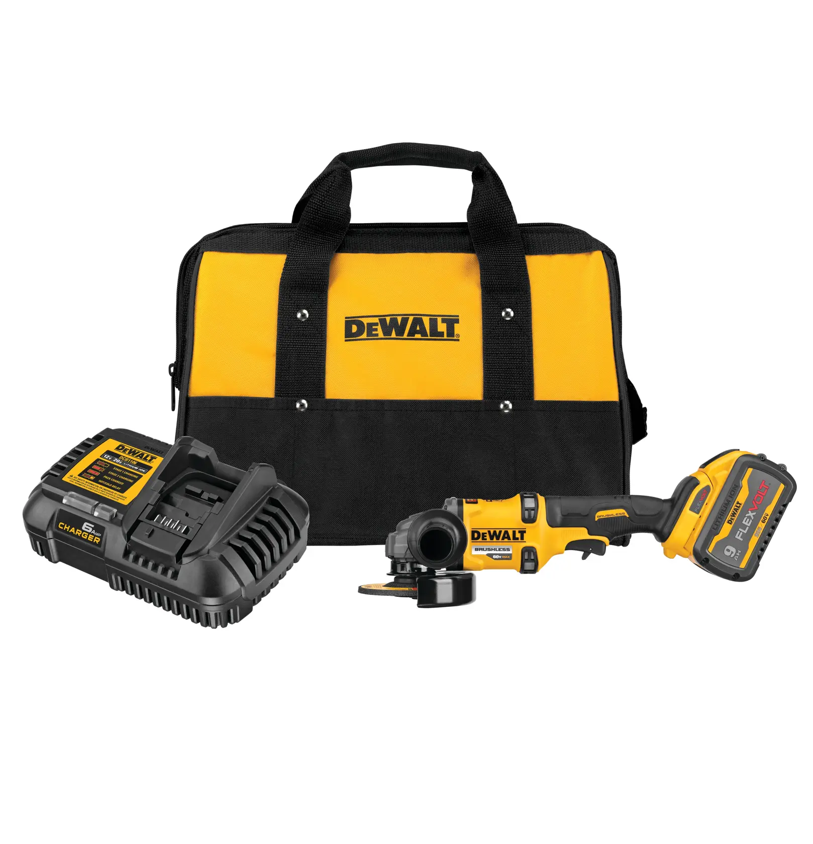 DEWALT cordless angle grinder with battery, black and yellow, model DCG418X1.