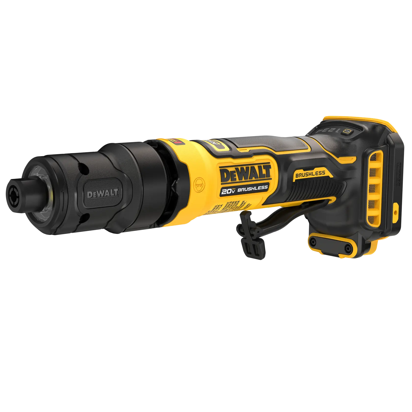 A DEWALT 20V cordless brushless rotary tool, model DCG420B, shown with a black and yellow design. The tool is designed for precision work in various applications and does not include a battery.