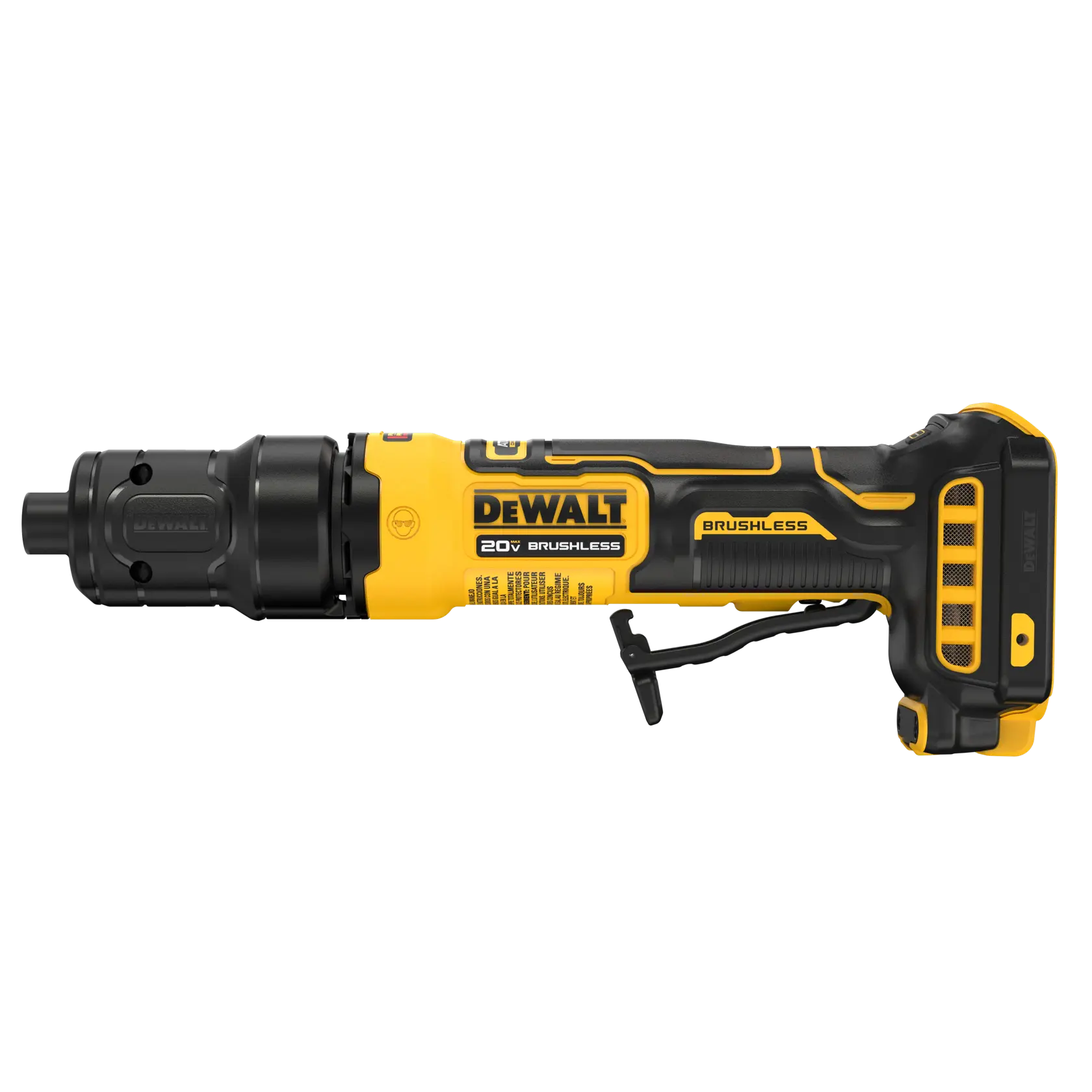 A DEWALT 20V brushless power tool, specifically a cordless die grinder, shown in a side view against a white background.