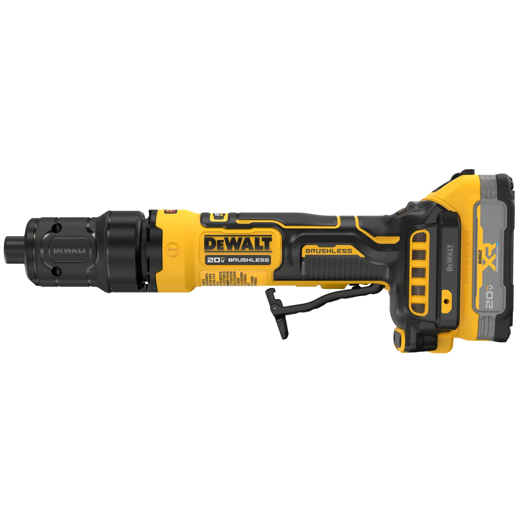 A DEWALT 20V brushless cordless rotary tool with a yellow and black design, featuring a detachable battery and ergonomic handle.