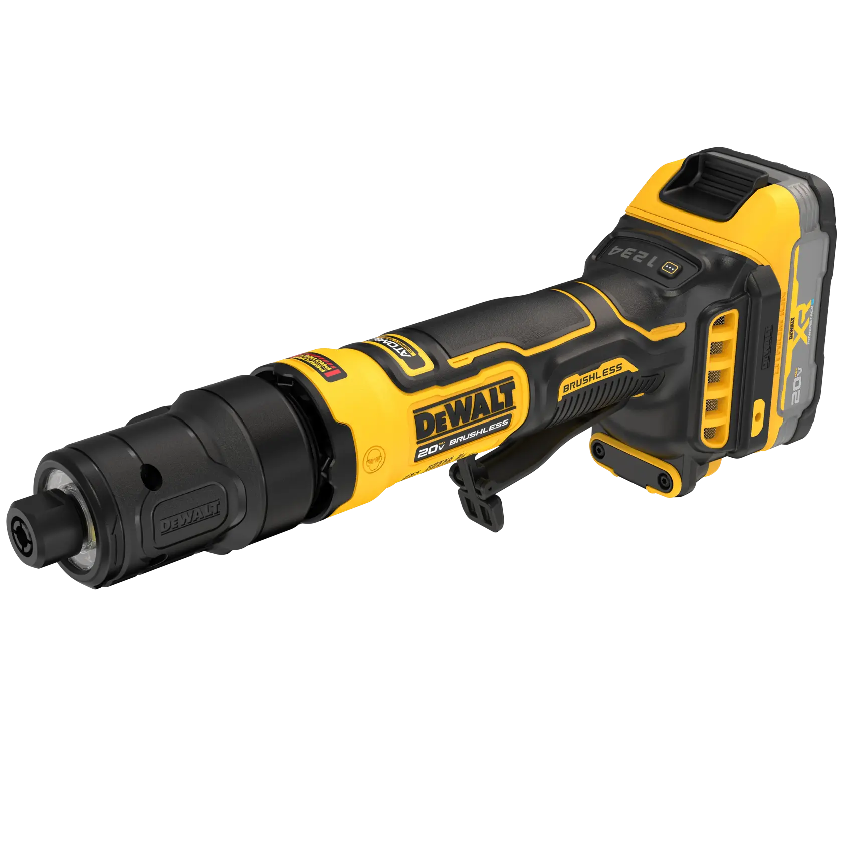 A DEWALT 20V cordless brushless rotary tool with a black and yellow design, featuring a battery pack at the rear and ergonomic grip.