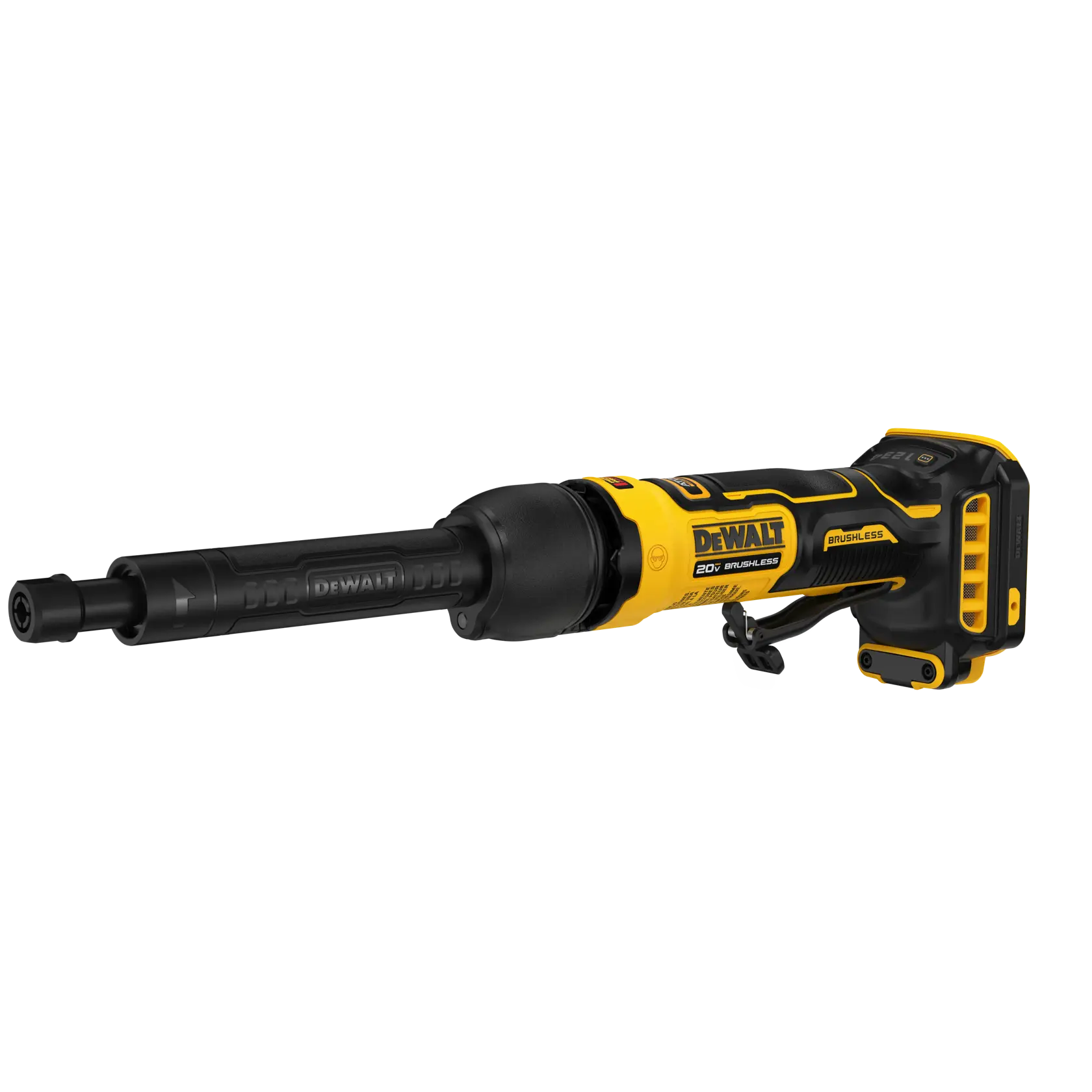 A DEWALT 20V brushless cordless die grinder, primarily yellow and black in color, shown from the side on a white background.