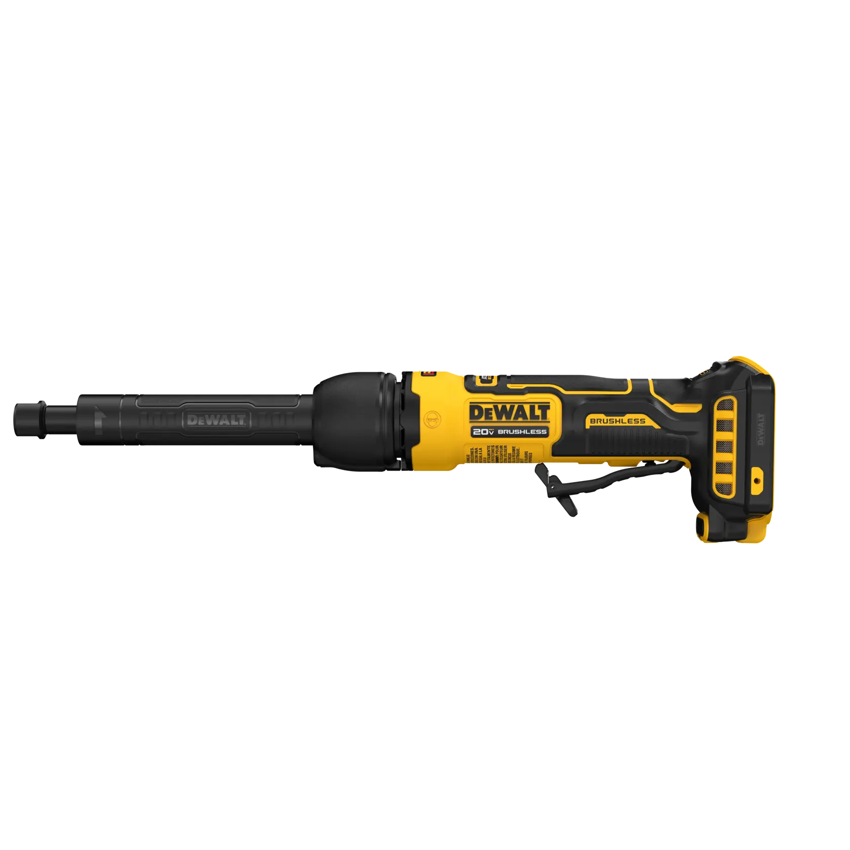 A DEWALT 20V Brushless cordless die grinder with a black and yellow design, shown in a side profile view.