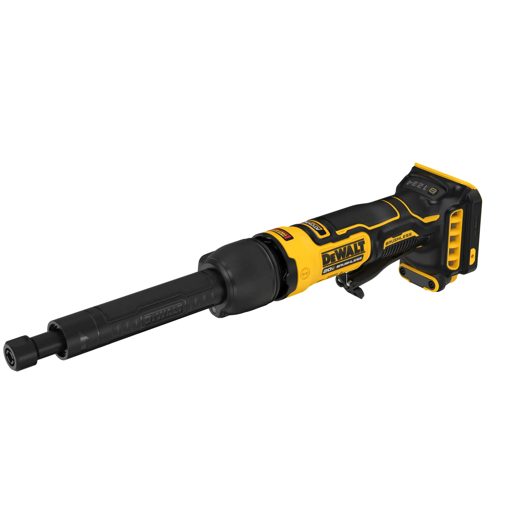 A DEWALT cordless brushless die grinder, model DCG420XB, featuring a yellow and black design with a long spindle and ergonomic grip.