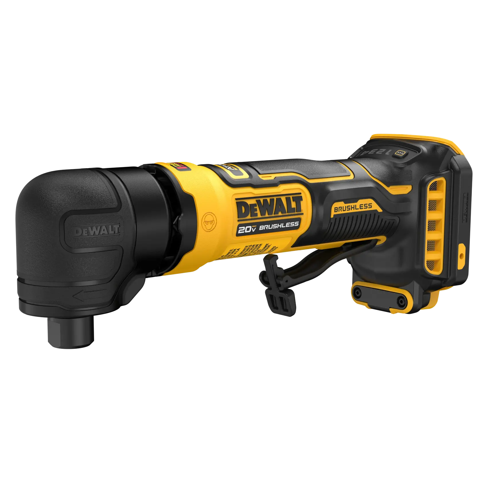 DEWALT 20V brushless cordless right angle die grinder with black and yellow design, shown on white background.