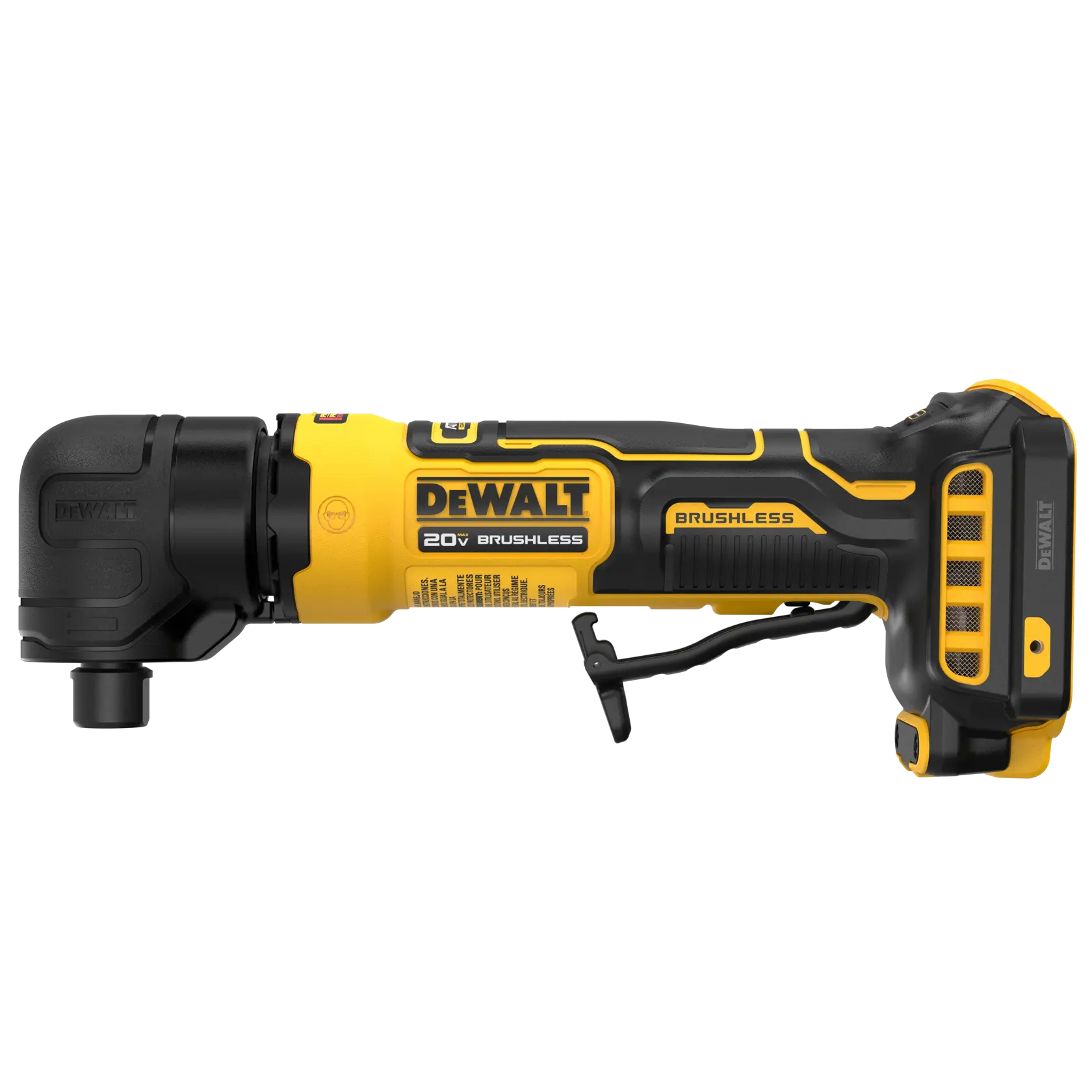 DEWALT 20V brushless angle grinder tool in yellow and black, model DCG422B, shown on a white background.